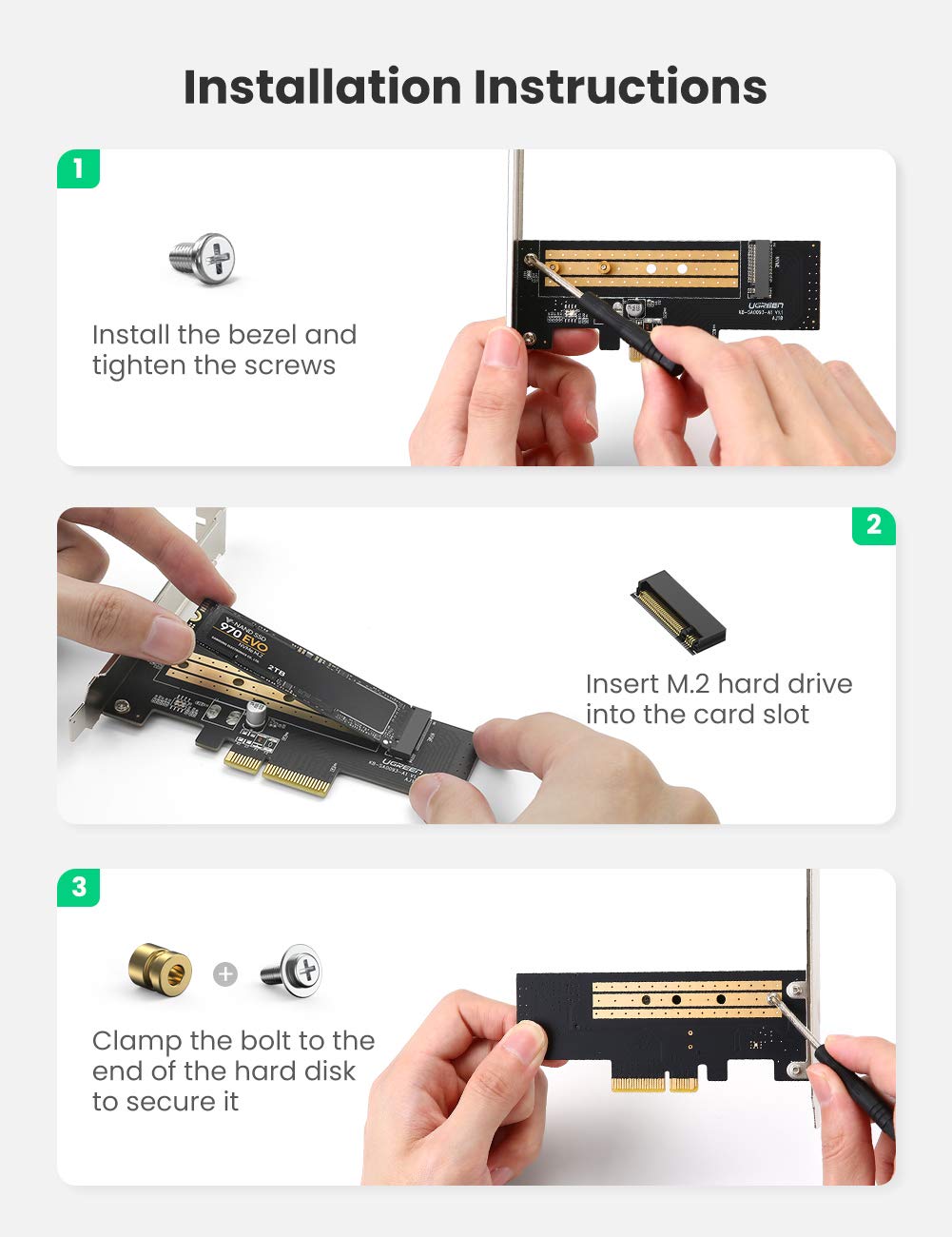 UGREEN M.2 NVMe to PCIe 3.0 x4 Adapter Card M-Key SSD 2280 2260 2242 2230 Desktop PCI Express Converter Card 70503 Ugreen