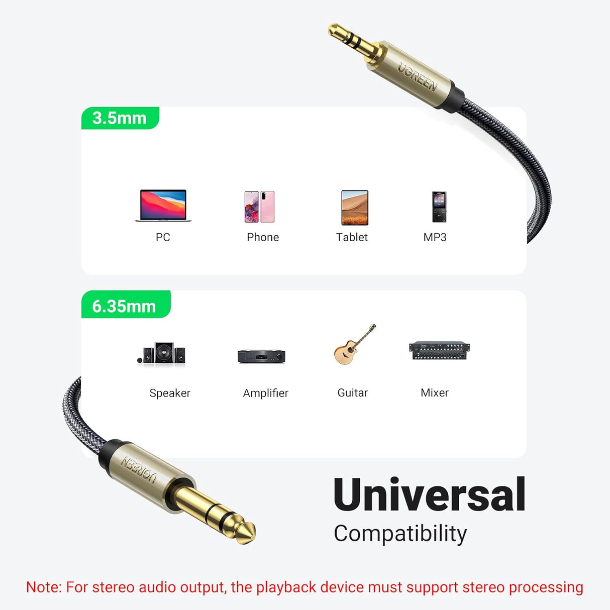 UGREEN 3.5mm to 6.35mm Audio Cable 1M Male TRS Instrument Cable 24K Gold Plated Professional Audio Equipment 10625 Ugreen