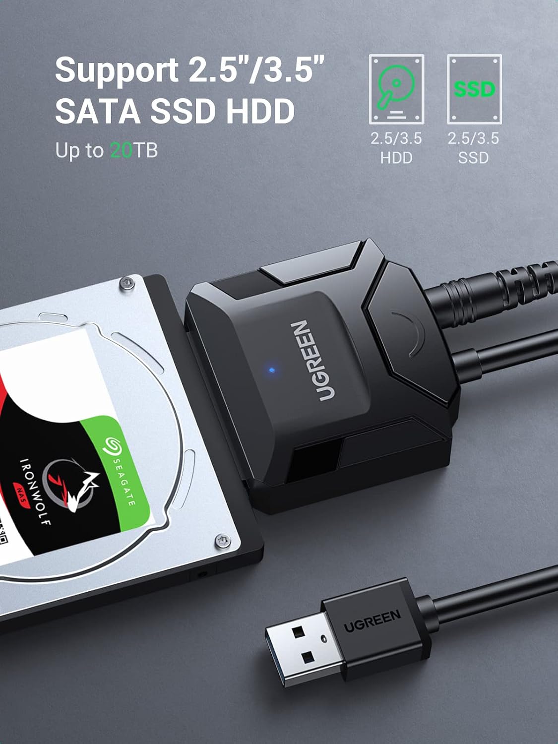 UGREEN 20611 USB 3.0 to SATA adapter supports 2.5 and 3.5-inch SATA SSD and HDD