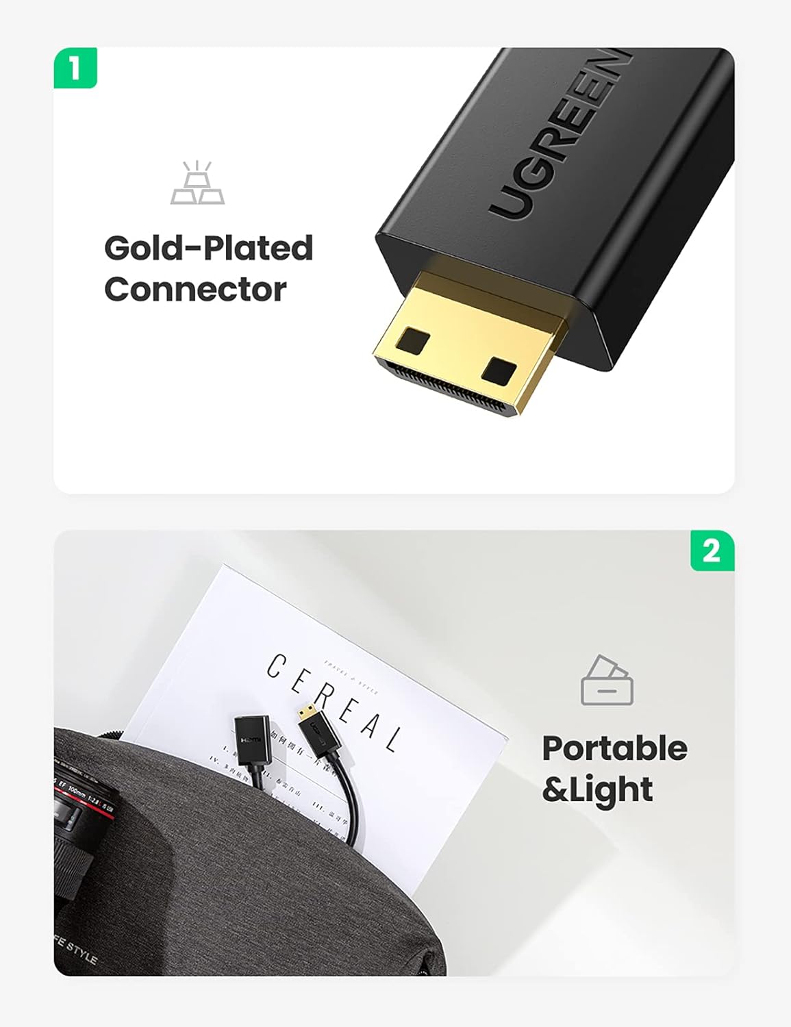 UGREEN Mini HDMI to HDMI Cable Adapter 4K 60Hz Mini HDMI Male to Female Converter Camera Tablet Graphics Card 20137 Ugreen