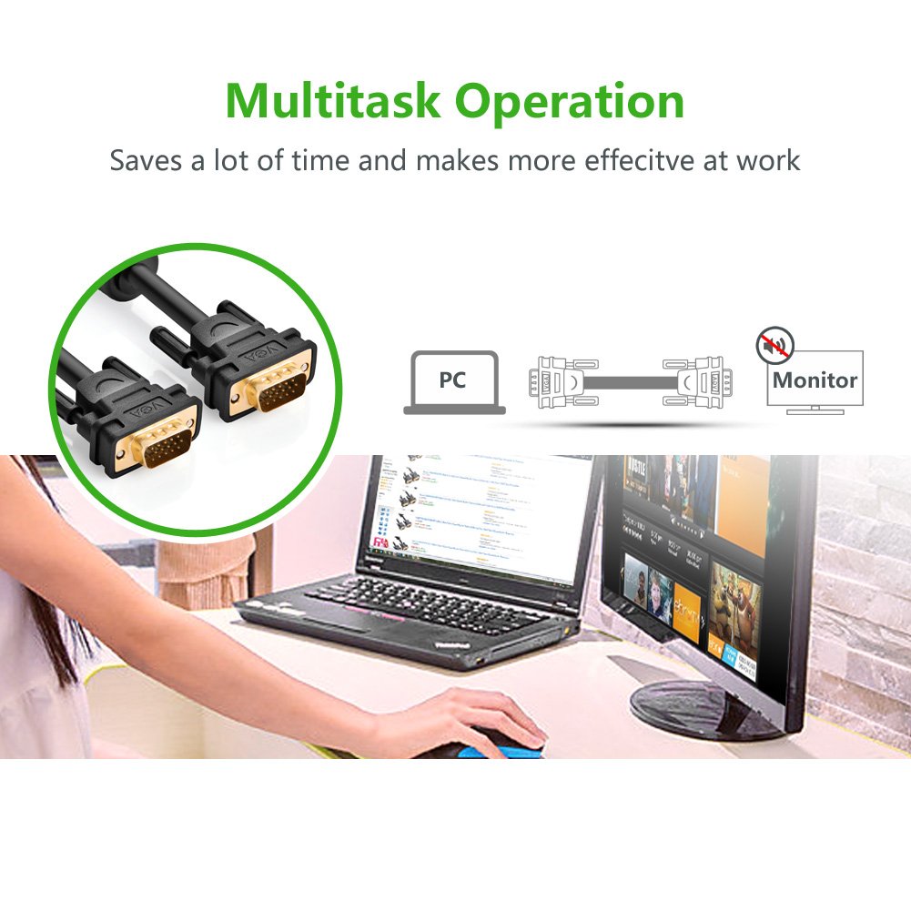 UGREEN 1.5M VGA Male to Male Cable Gold Plated Computer Monitor Cable LCD TV Projector Display Connection HD Video 11630 Ugreen