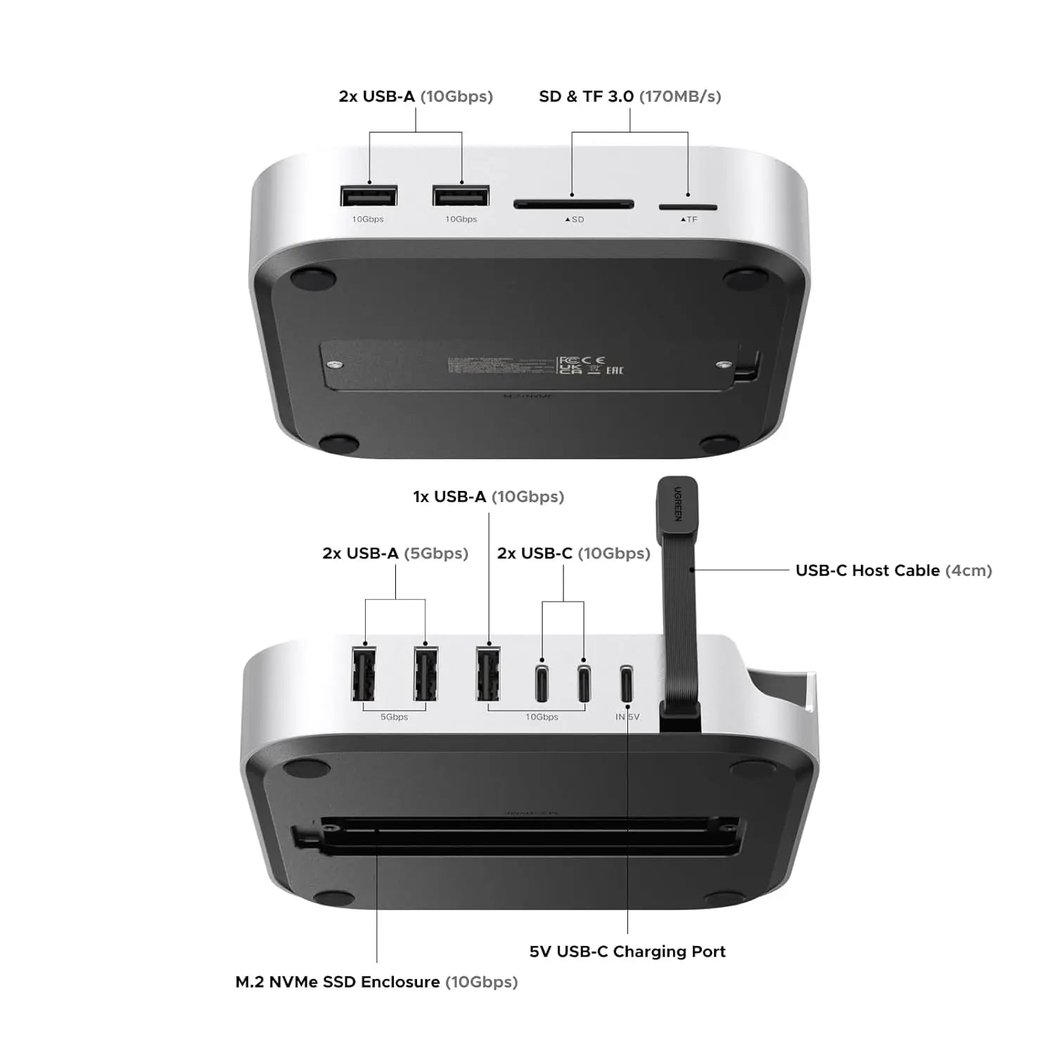 UGREEN Mac mini M4 Dock 11-in-1 USB C Hub 8TB M.2 NVMe 10Gbps 5X USB-A 2X Type-C SD/TF Card Docking Station (65487)