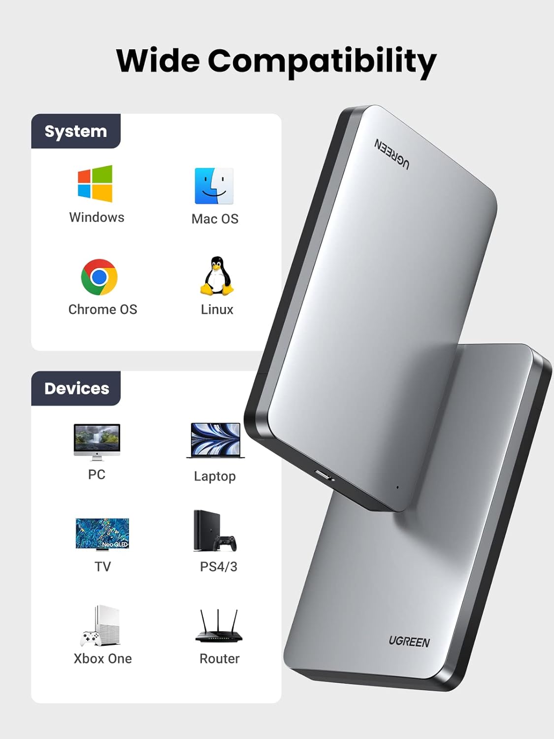 UGREEN 2.5" USB C SATA III Hard Drive Enclosure 6Gbps Aluminum Case UASP Trim MacBook Pro Air WD Seagate Toshiba (70499) Ugreen