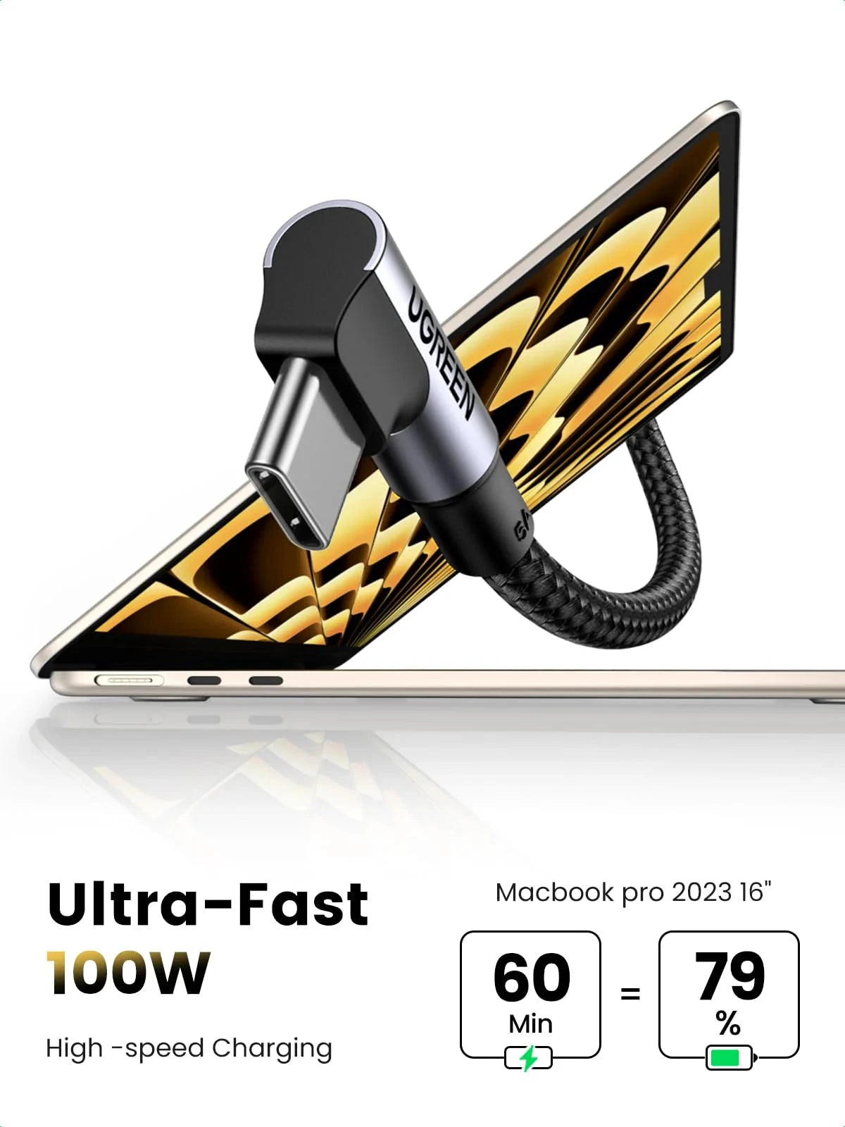 UGREEN 1M USB-C to USB-C Angled Cable 100W Fast Charging 5A PD Nylon Braided MacBook Pro iPad Pro Galaxy S21 70643 Ugreen