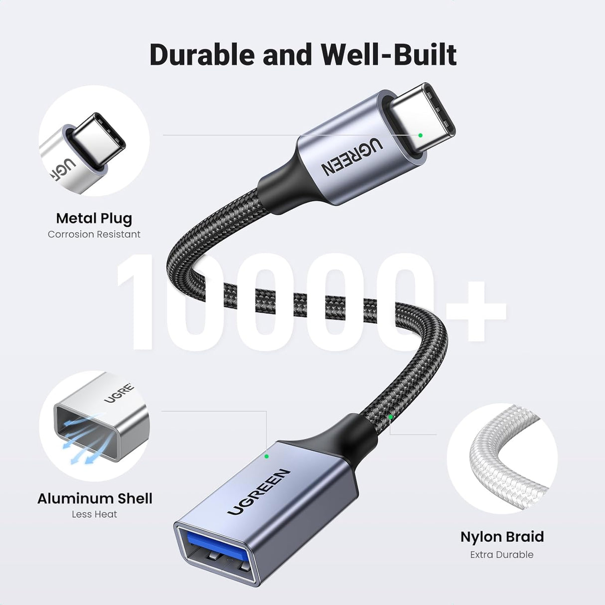 UGREEN USB-C to USB-A 3.2 Adapter 10Gbps OTG Cable (US378 70889) – Nylon Braided, Aluminum Shell