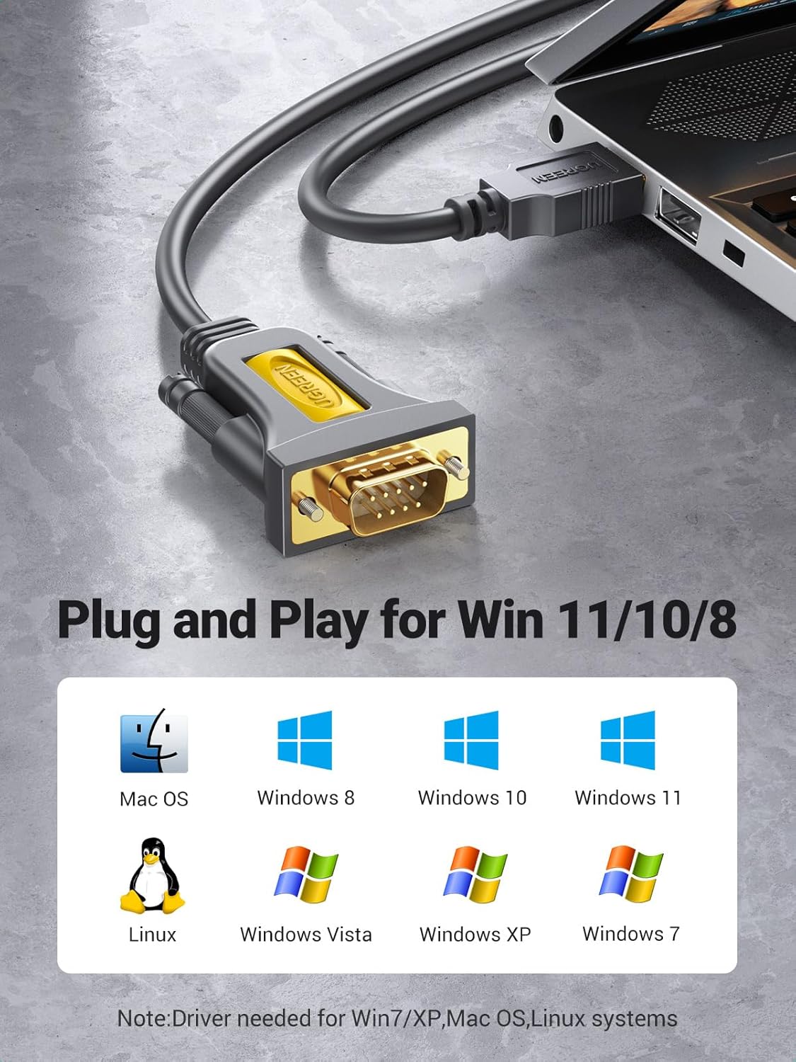 UGREEN USB to RS232 DB9 Serial Converter Cable FTDI Chipset Gold Plated Windows Mac OS X Compatible 3ft 1m 10ft (20223) Ugreen