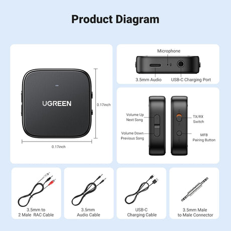 UGREEN Bluetooth 5.2 Transmitter Receiver TV Dual Pair AirPods Earbuds Speaker Headphone Adapter Airplane PC MP3 Gym (35223) Ugreen