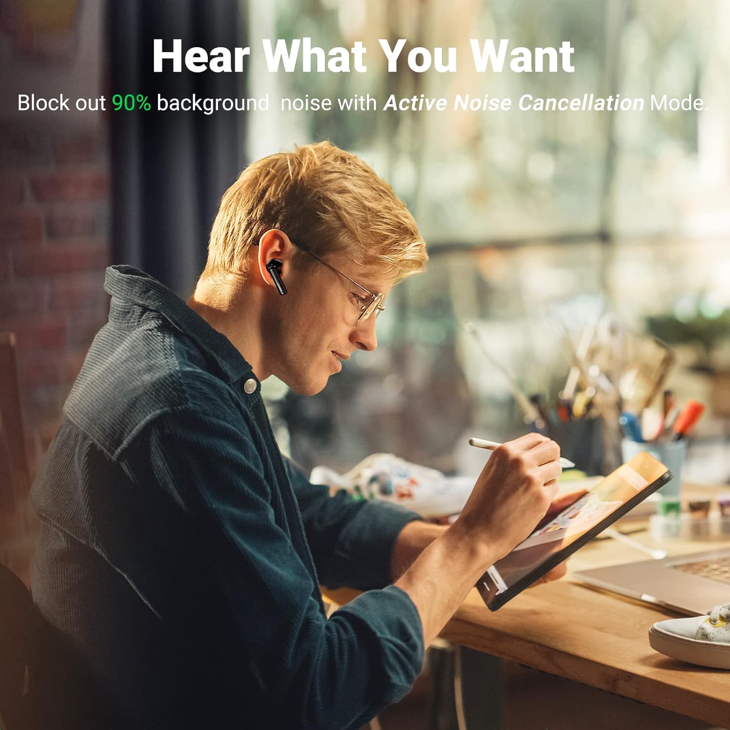 UGREEN HiTune T3 ANC Wireless Earbuds Bluetooth 5.2 Active Noise Cancelling Transparency Mode Deep Bass 24H Playtime USB-C Black 90401 Ugreen