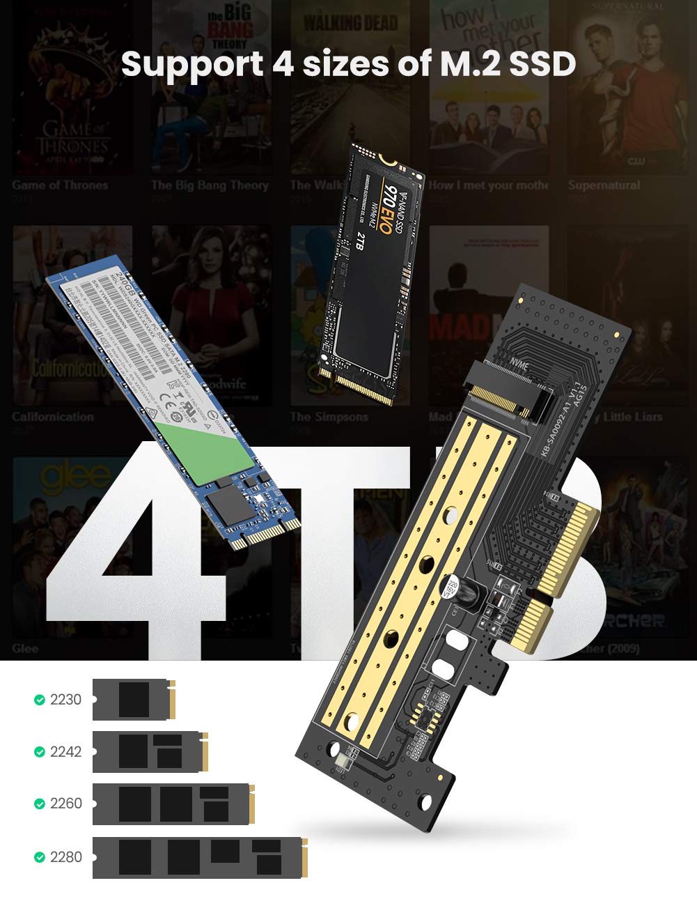 UGREEN M.2 NVMe to PCIe 3.0 x4 Adapter Card M-Key SSD 2280 2260 2242 2230 Desktop PCI Express Converter Card 70503 Ugreen