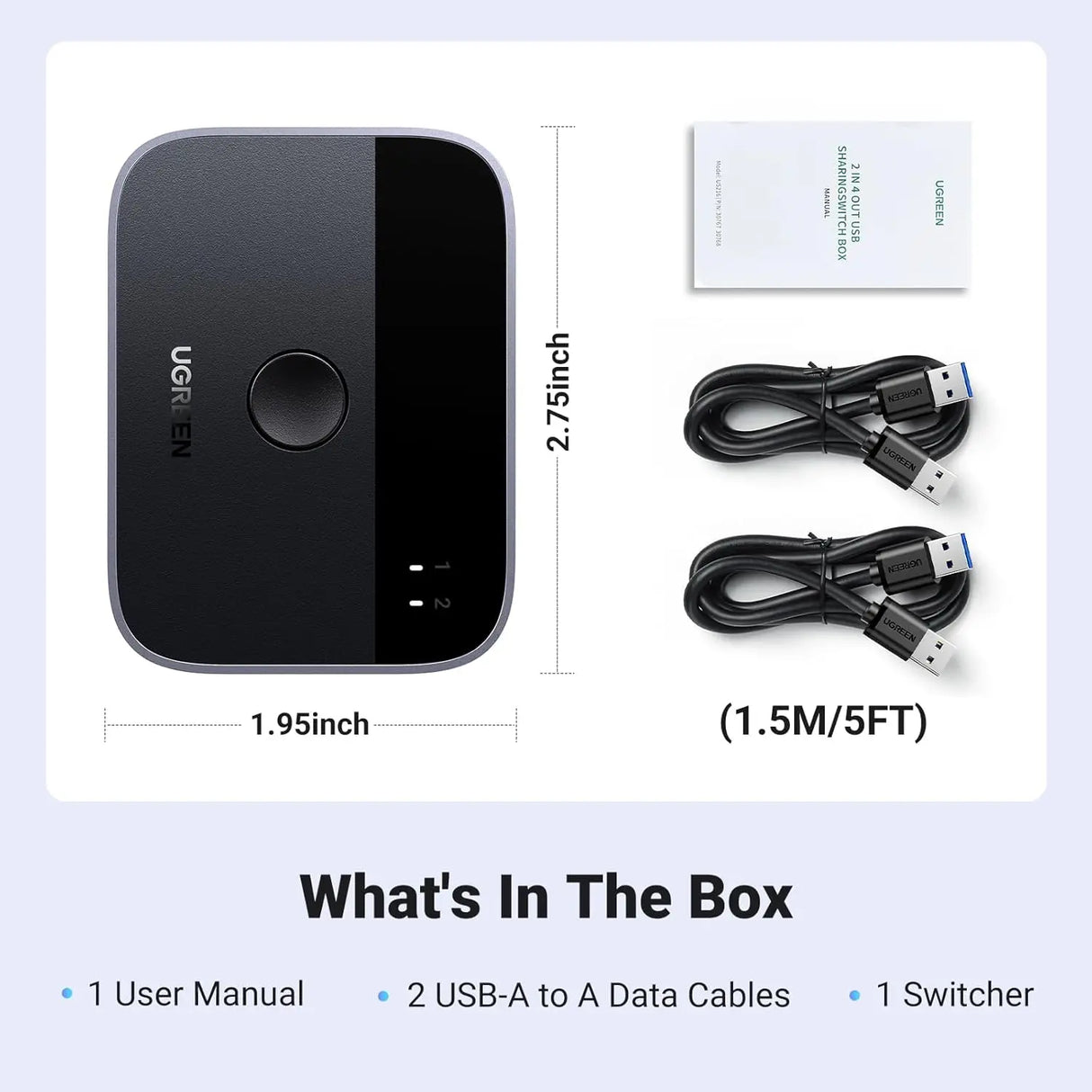 UGREEN USB Switch 2PC USB 3.0 2 in 2 Out Switch 2 USB A to A Cable Keyboard Mouse Printer Hard Drive USB Camera (35313) Ugreen