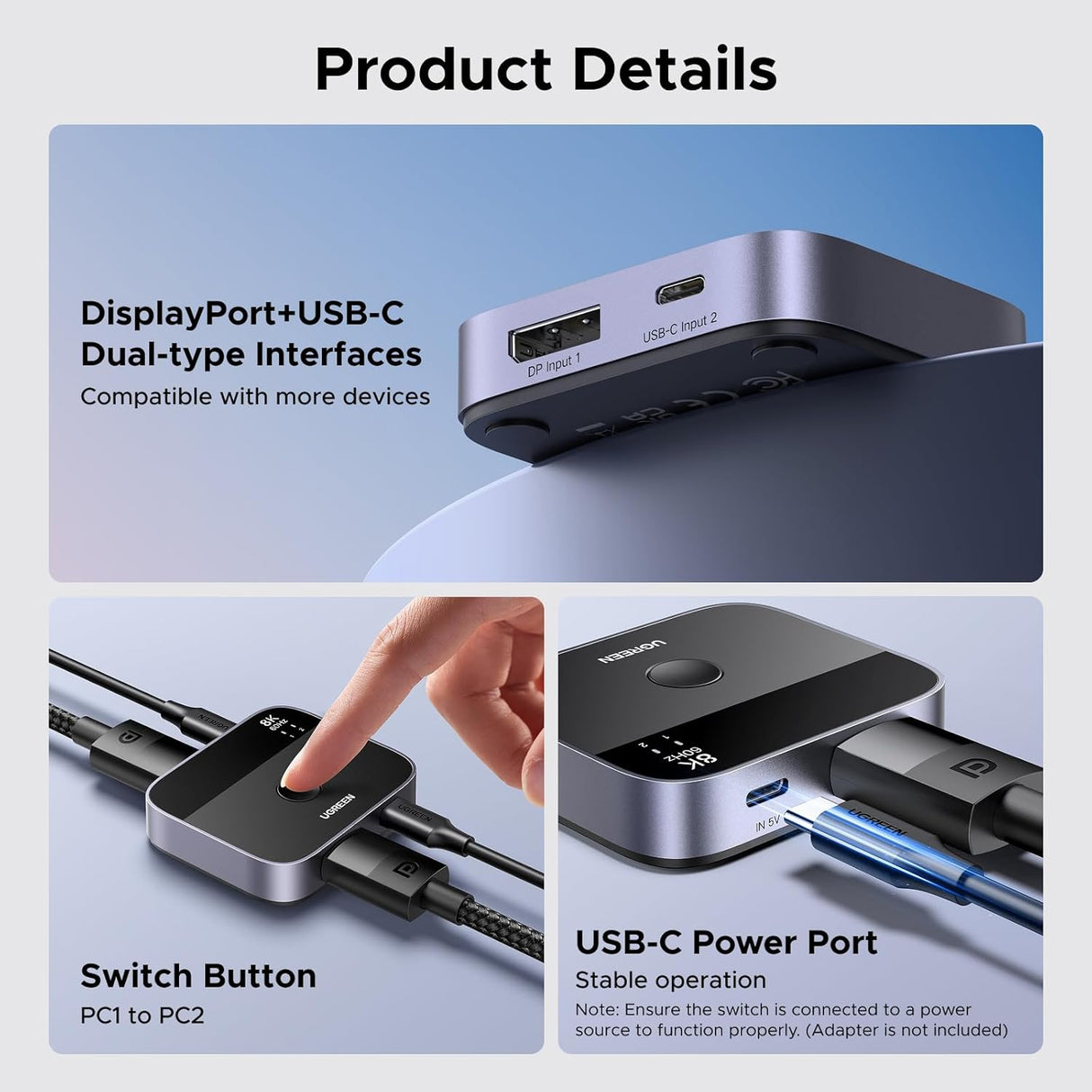 UGREEN 65878 DisplayPort + USB-C Switch 2 in 1 Out 8K@60Hz 4K@240Hz DP 1.4 | UGREEN India