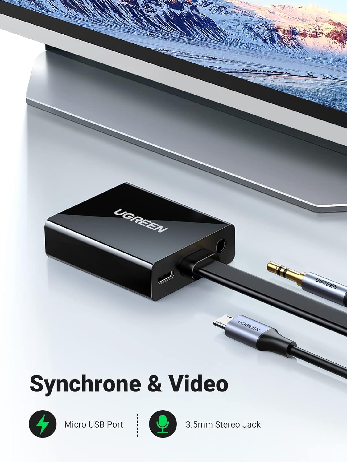 UGREEN Active HDMI to VGA Adapter Audio HDMI Male VGA Female Converter 3.5mm Audio Jack Laptop PC Monitor Projector (40248) Ugreen