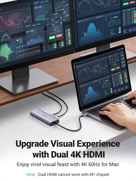 UGREEN 9-in-1 Dual HDMI USB-C Dock USB 2.0 2 USB 3.0 RJ45 1000M USB C PD 60W 2 HDMI 4K 60Hz SD/TF MacBook Dell XPS (90119) Ugreen