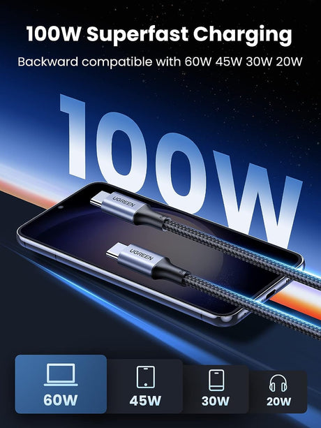 UGREEN USB-C to USB-C Cable 1M 100W PD Aluminum Case MacBook Pro Huawei Matebook iPad Pro Chromebook Samsung Note (70427) Ugreen