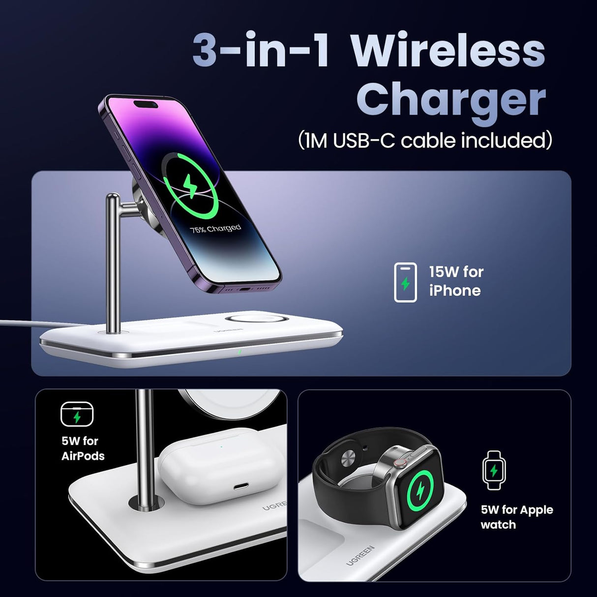 UGREEN 3-in-1 MagSafe Wireless Charging Station 25W Fast Magnetic Charger iPhone 15/14/13/12 AirPods Apple Watch Foldable White 90326 Ugreen