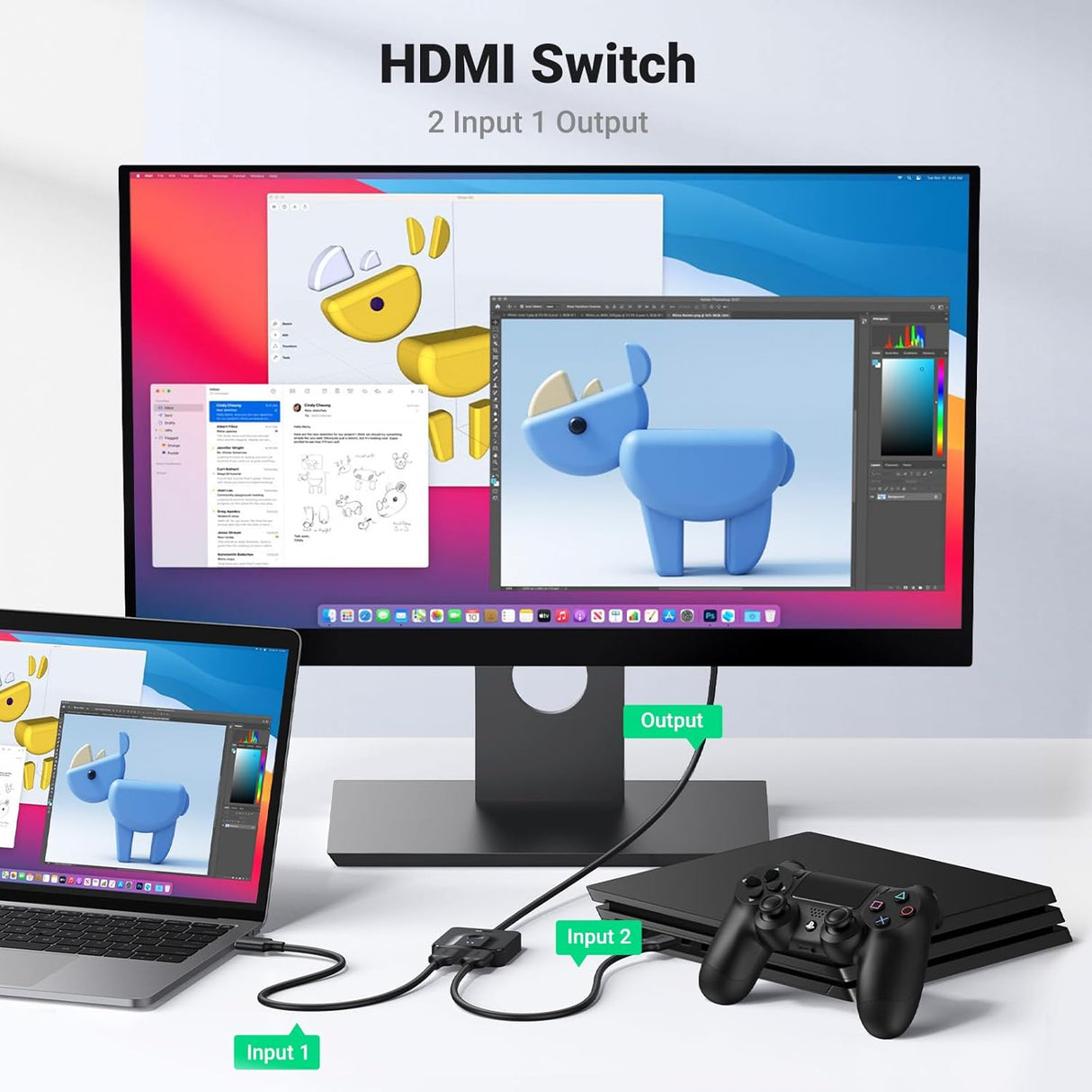 UGREEN HDMI 2.0 4K 60Hz 2 In 1 Out Switch, Bi-Directional with 1M HDMI Cable Support 4K 3D Compatible with Xbox PS4 PS5 Blu-Ray Player TV Stick Monitor(70607)