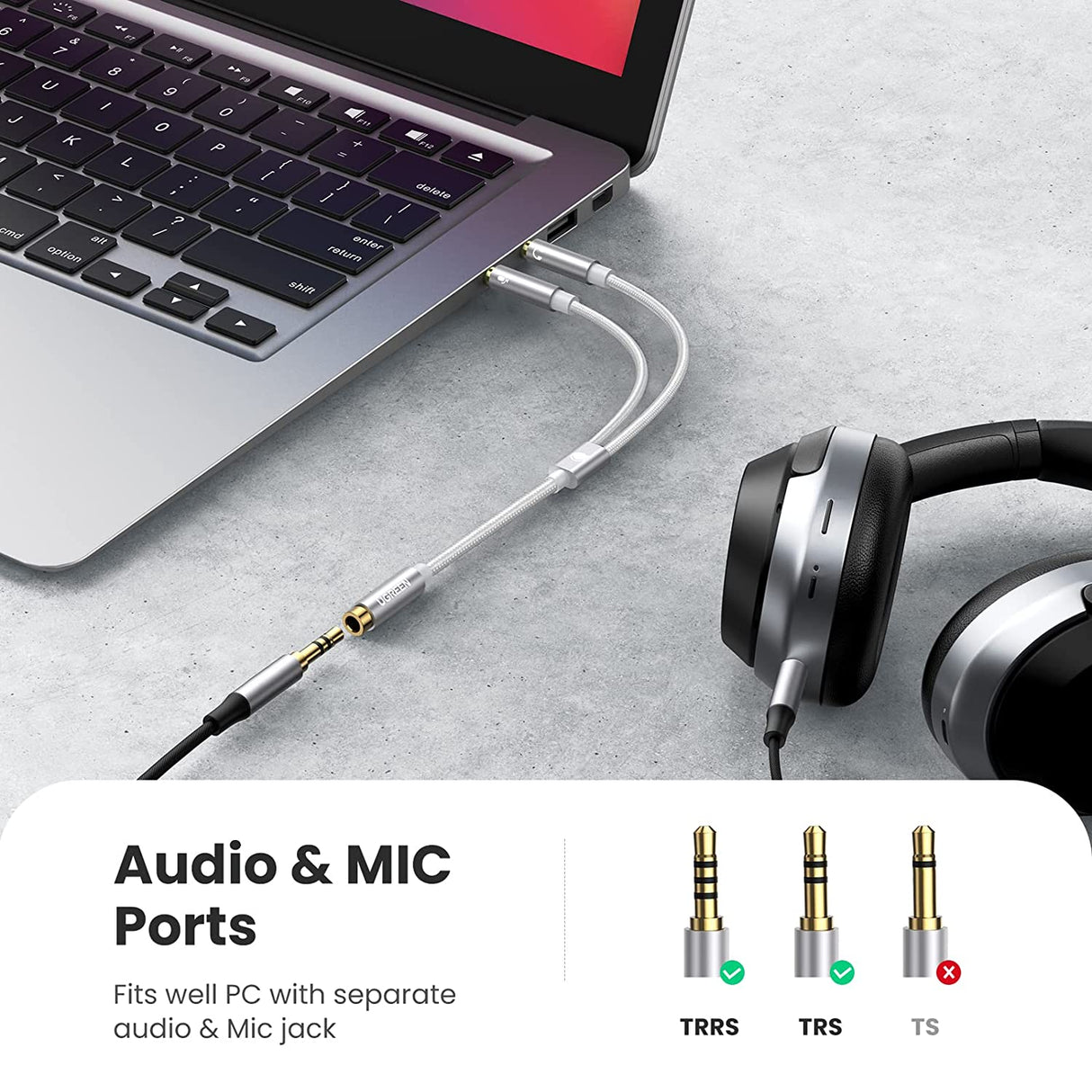 UGREEN 20CM Metal TRRS Female to Dual Male Audio PC Adapter Y Splitter 3.5mm Headphone Microphone Jack Converter Headset 10790 Ugreen