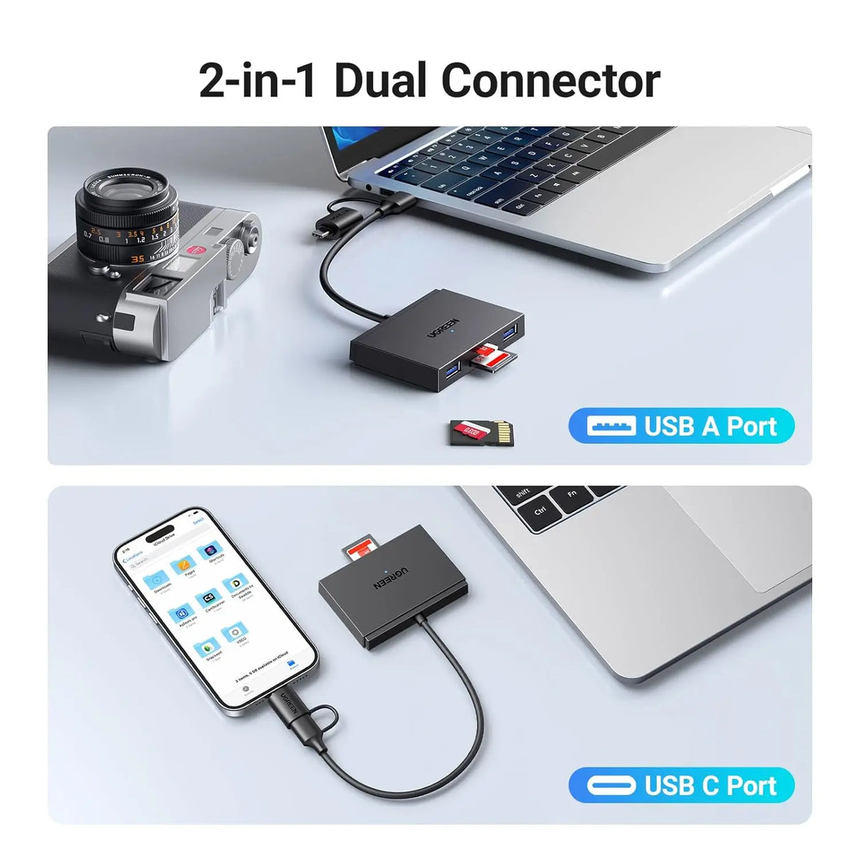UGREEN 4-in-1 Memory Card Reader USB C USB 3.0 Dual Connector OTG Adapter 170MB/s SD Micro SD iPhone 16 MacBook iPad (45167)