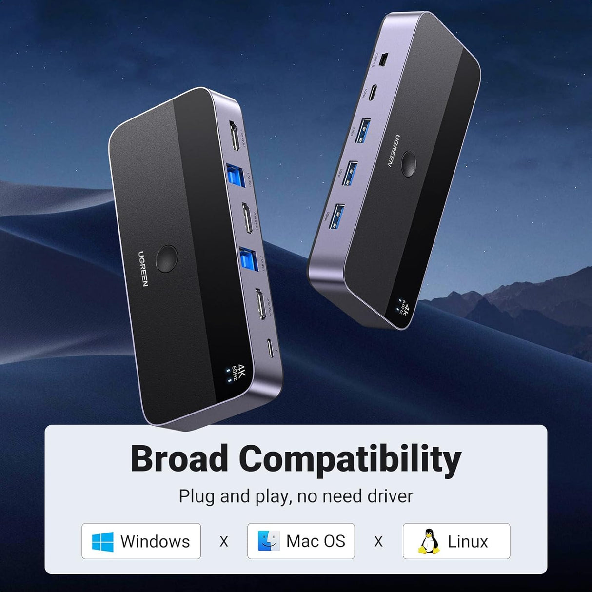 UGREEN USB 3.0 KVM Switch HDMI 2-in-1 4K 60Hz 3 USB-A 1 USB-C Ports Keyboard Mouse Monitor Share 2 Computers 15707 Ugreen