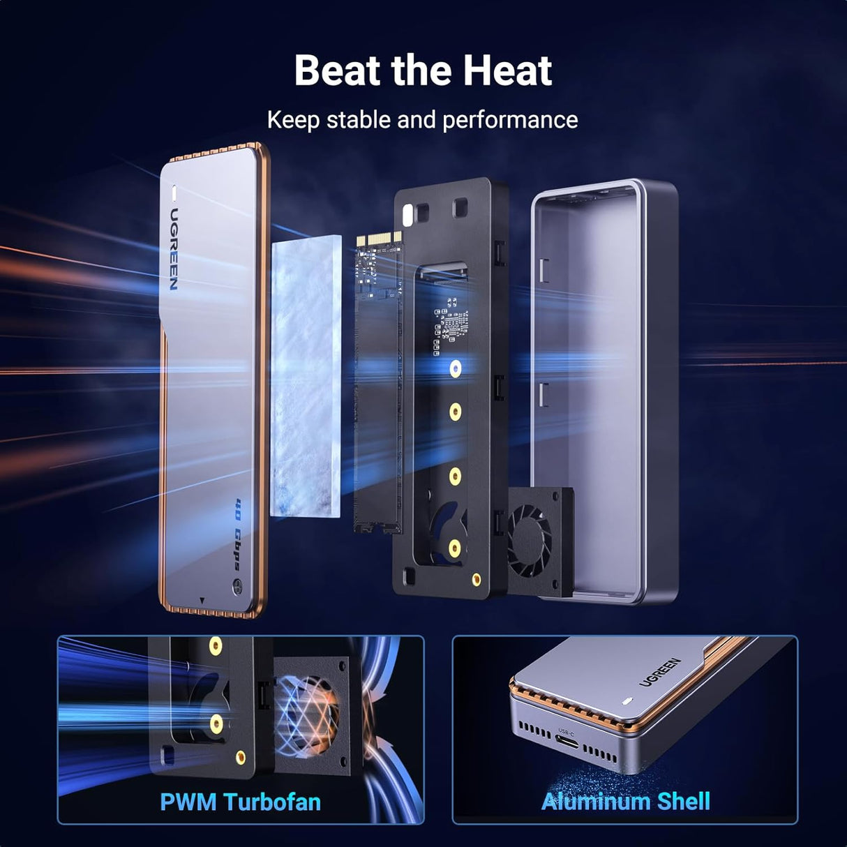 UGREEN 40Gbps M.2 NVMe Enclosure Cooling Fan Anti-Drop SSD Aluminum M/B+M Key 2280 2260 Thunderbolt 3/4 USB4 (15976) Ugreen