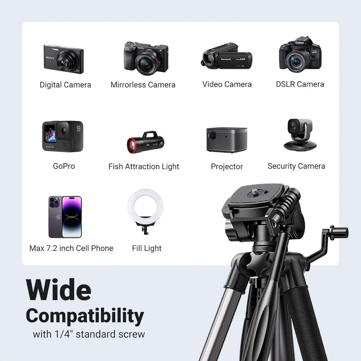 UGREEN Camera Tripod Adjustable 53.5-175cm Aluminum Travel Tripod 3-Way Pan Head Phone Holder DSLR iPhone Android 15187 Ugreen