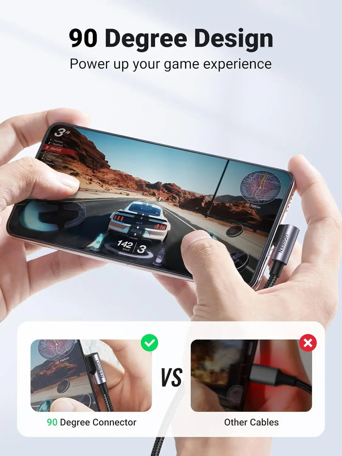 UGREEN 1M USB-C to Angled USB-C Cable 60W Round Cable Aluminum Shell Nickel Plated Nylon Braided Gray Black 50123 Ugreen