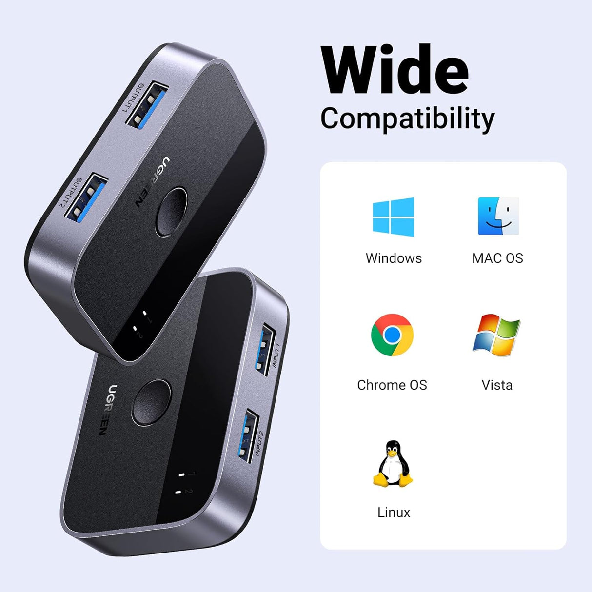 UGREEN USB Switch 2PC USB 3.0 2 in 2 Out Switch 2 USB A to A Cable Keyboard Mouse Printer Hard Drive USB Camera (35313) Ugreen