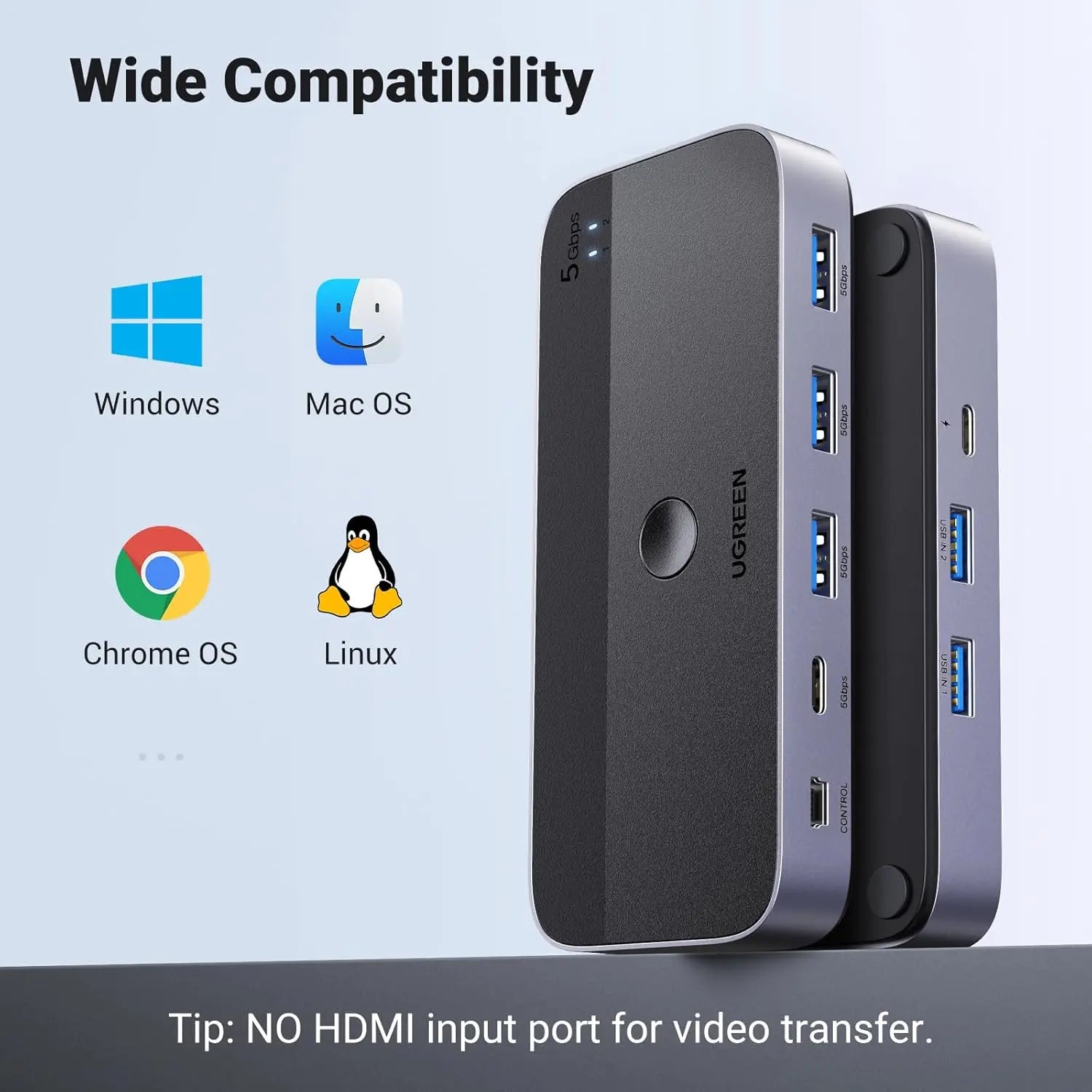 UGREEN USB 3.0 Switch 2 Computer Sharing USB C A Device 4 Port Switcher Keyboard Mouse Printer 2 USB3.0 Cable Remote (15705)