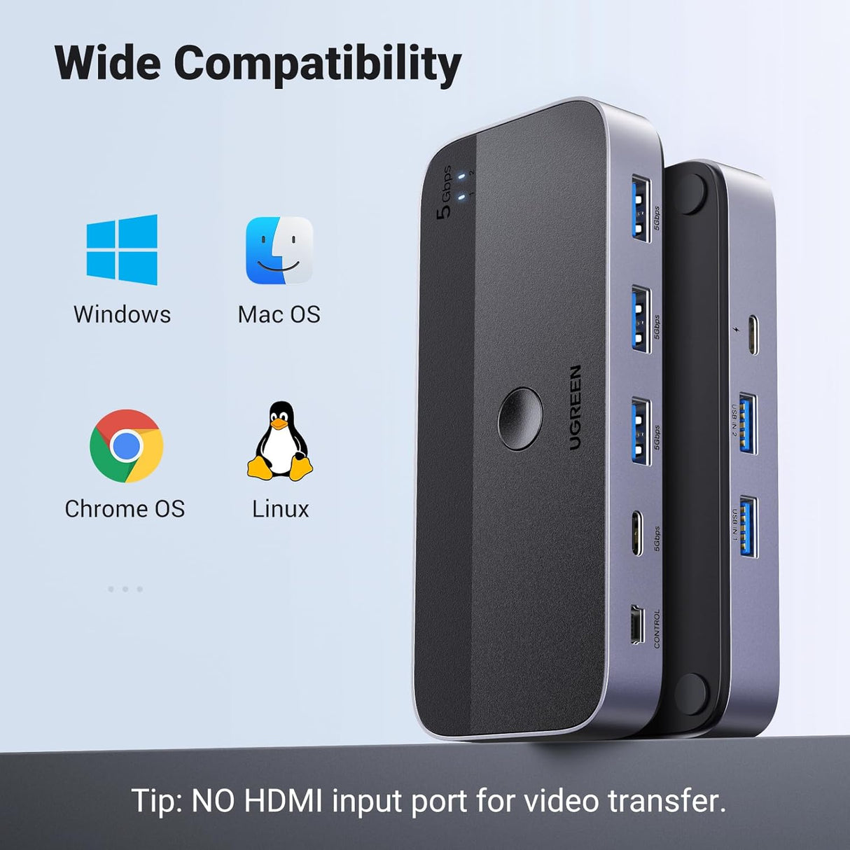 UGREEN USB 3.0 Switch 2 Computer Sharing USB C A Device 4 Port Switcher Keyboard Mouse Printer 2 USB3.0 Cable Remote (15705) Ugreen