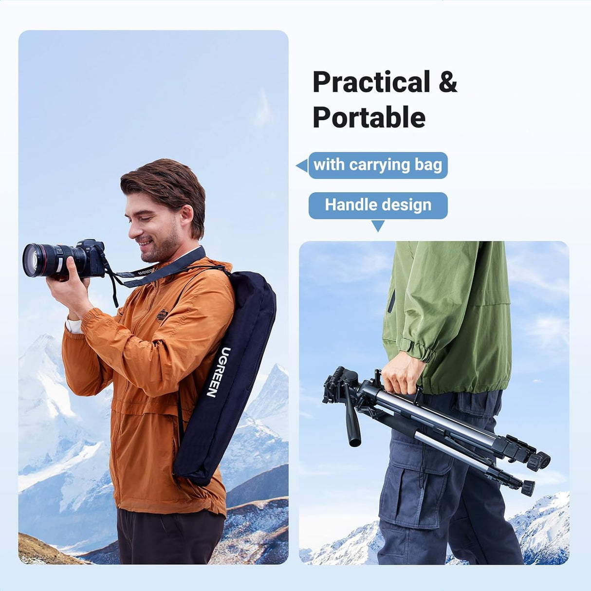 UGREEN Camera Tripod Adjustable 53.5-175cm Aluminum Travel Tripod 3-Way Pan Head Phone Holder DSLR iPhone Android 15187 - Ugreen India