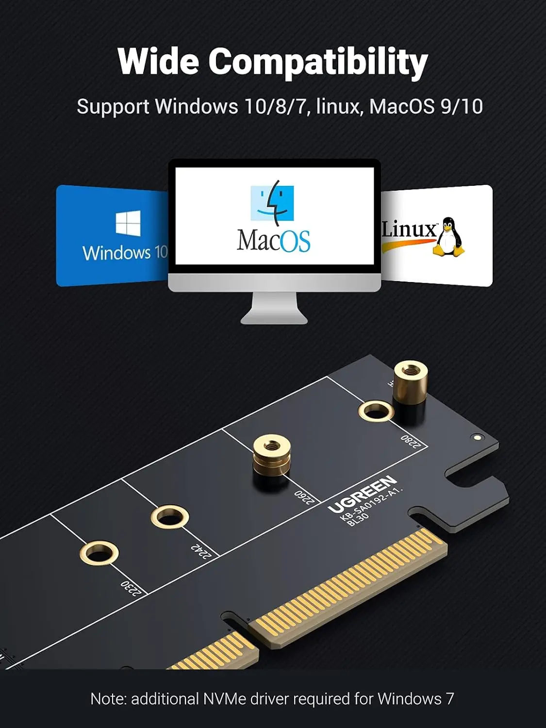 UGREEN NVMe PCIe Adapter Gen4 x16 to M.2 Expansion Card NVMe SSD 2230 2242 2260 2280 64Gbps Desktop PC 30715 Ugreen
