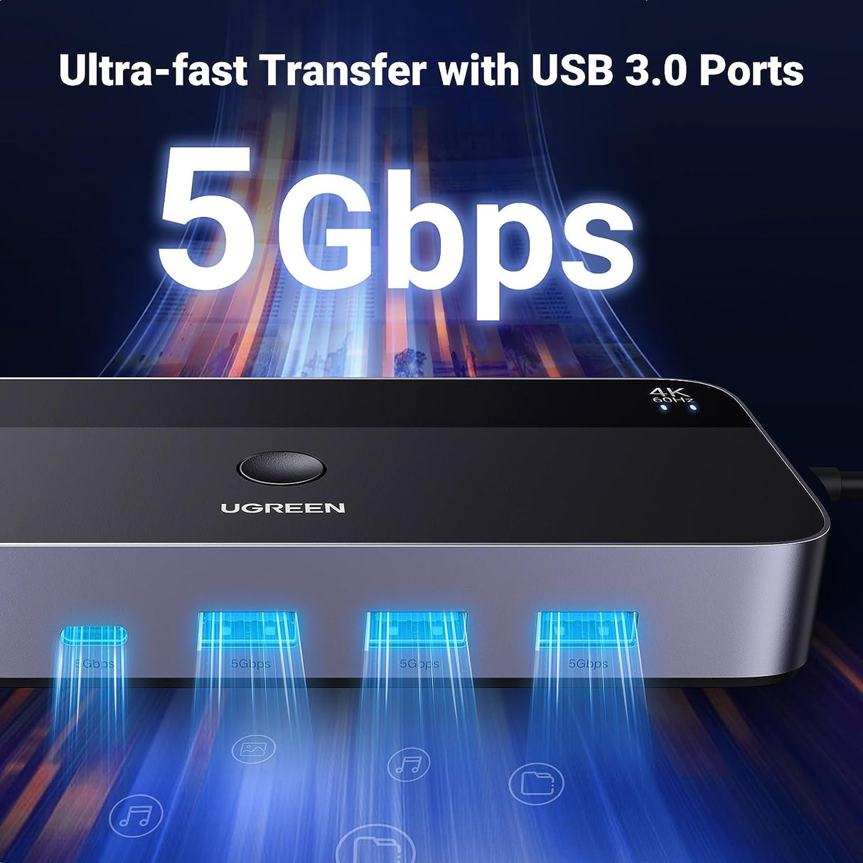 UGREEN USB 3.0 KVM Switch HDMI 2-in-1 4K 60Hz 3 USB-A 1 USB-C Ports Keyboard Mouse Monitor Share 2 Computers 15707 Ugreen