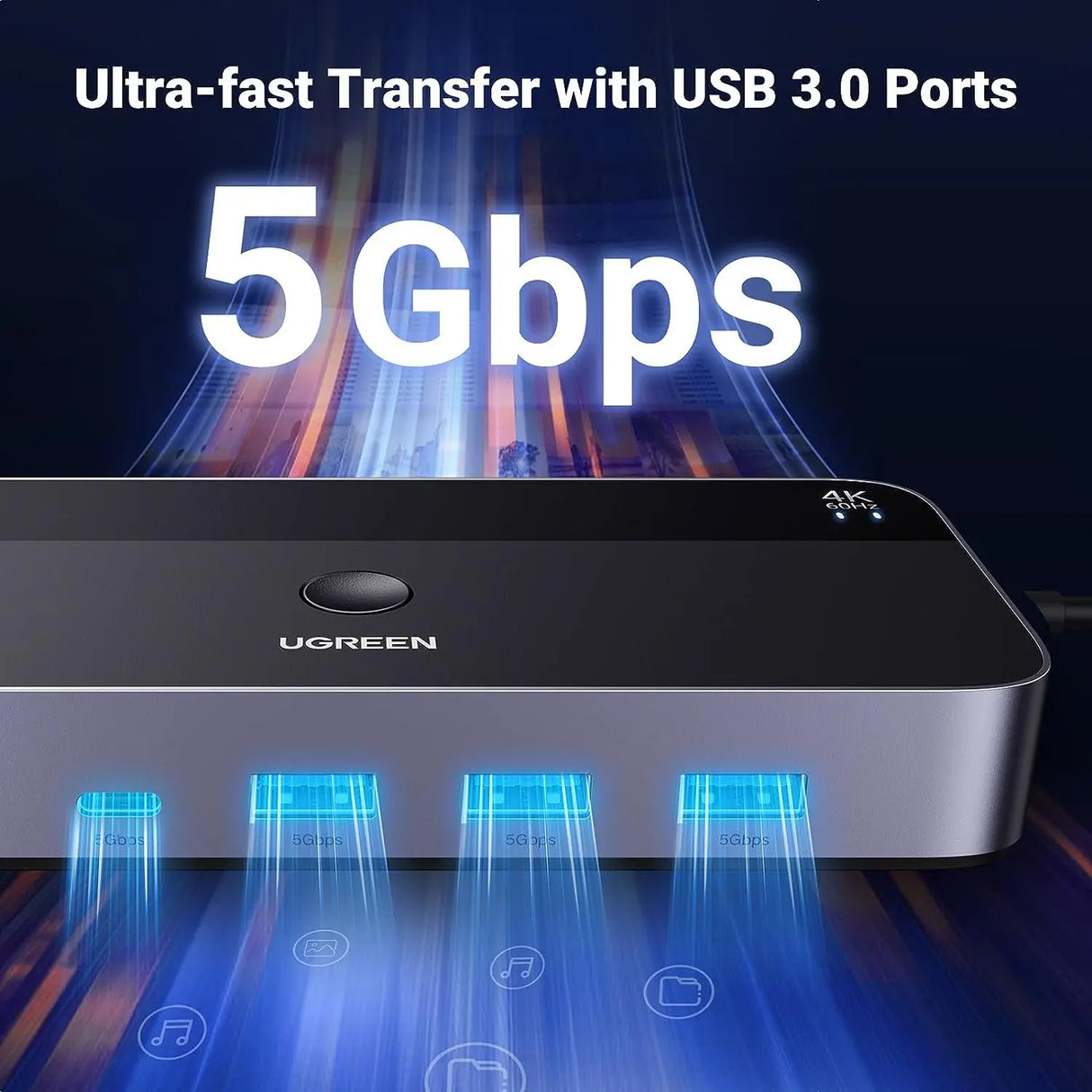 UGREEN USB 3.0 KVM Switch HDMI 2-in-1 4K 60Hz 3 USB-A 1 USB-C Ports Keyboard Mouse Monitor Share 2 Computers 15707 Ugreen