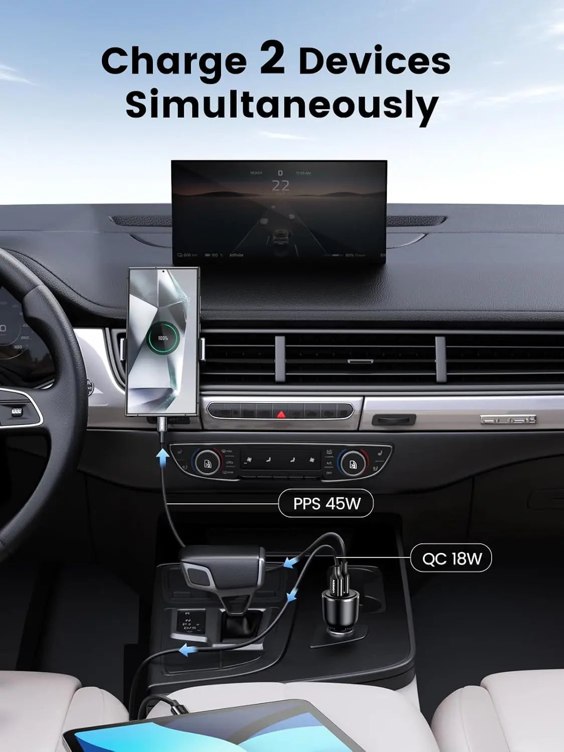 UGREEN 63W USB-C Car Charger PPS 45W Super Fast Charging 2.0 QC 18W Galaxy S24/S23/S22 iPhone 14/13 MacBook (90645) Ugreen