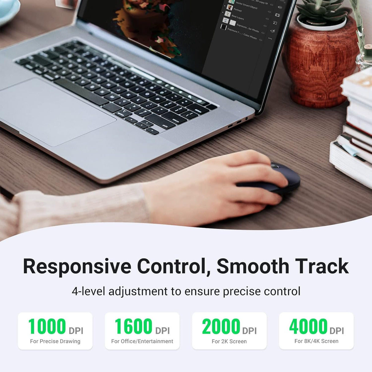 UGREEN 2.4G Silent Wireless Optical Mouse USB Receiver 4000 DPI PC Laptop Computer Chromebook MacBook Black Ergonomic (90372) Ugreen