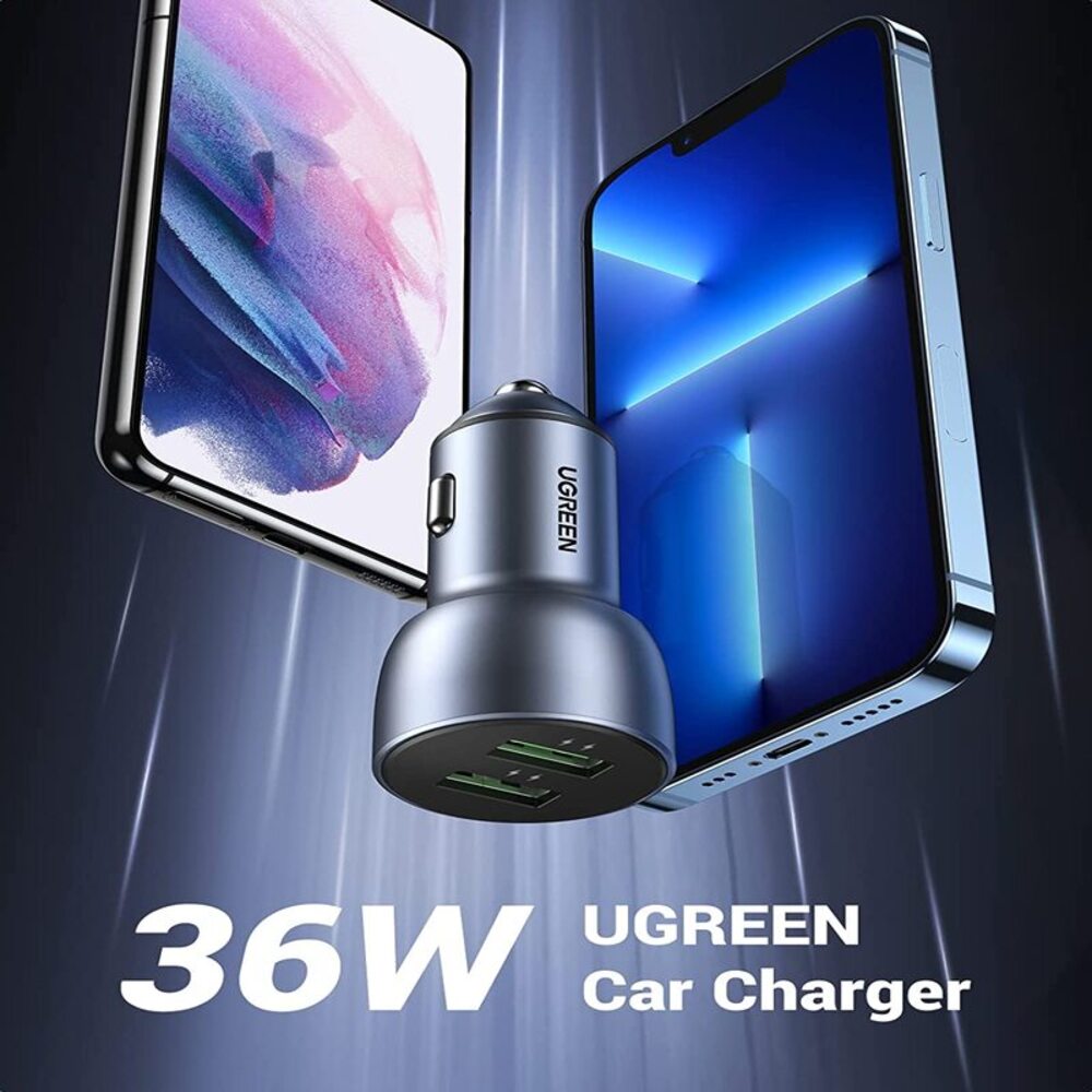 UGREEN 36W QC3.0 Dual USB Car Charger Fast Charging Aluminum Adapter iPhone 14/13/12/11 Galaxy S22/S21/S20 Pixel (10144) Ugreen