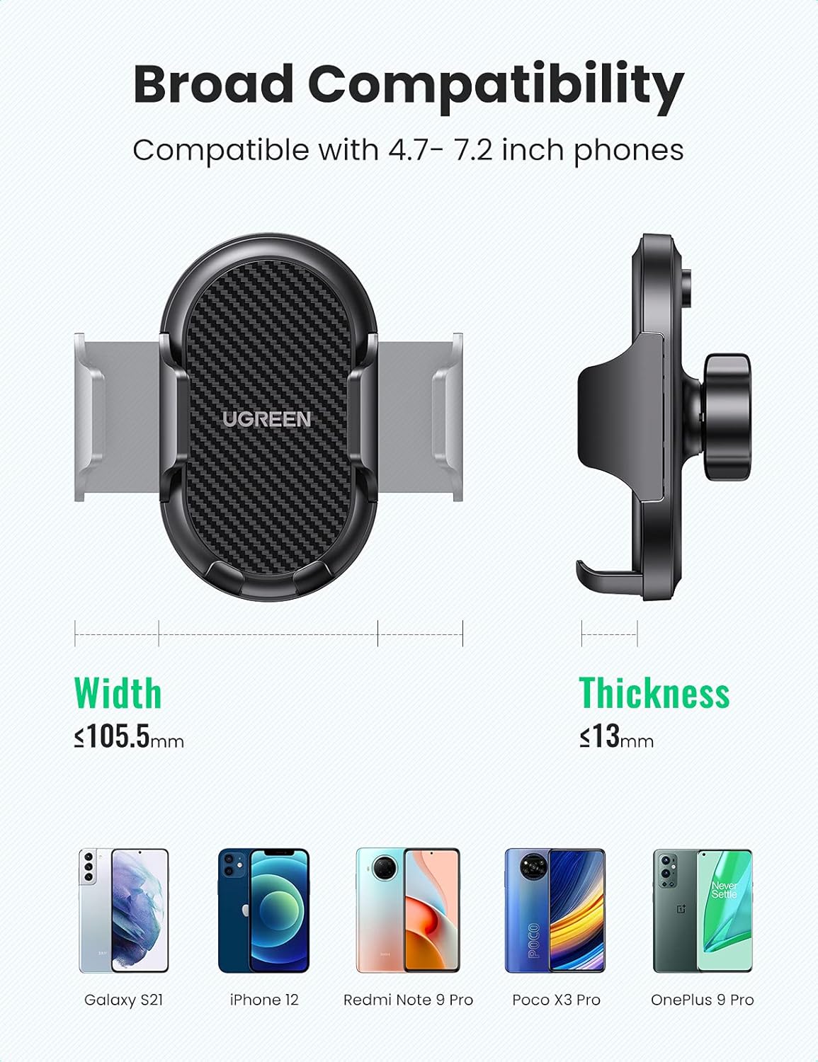 UGREEN Waterfall-Shaped Suction Cup Car Phone Mount Dashboard Cell Phone Holder Compatible with iPhone 12 11 Pro XR X XS Max 8 7 6 Plus 6S, Samsung Galaxy S20 S10 S9 S8 Plus Note 10 9 8(20473)