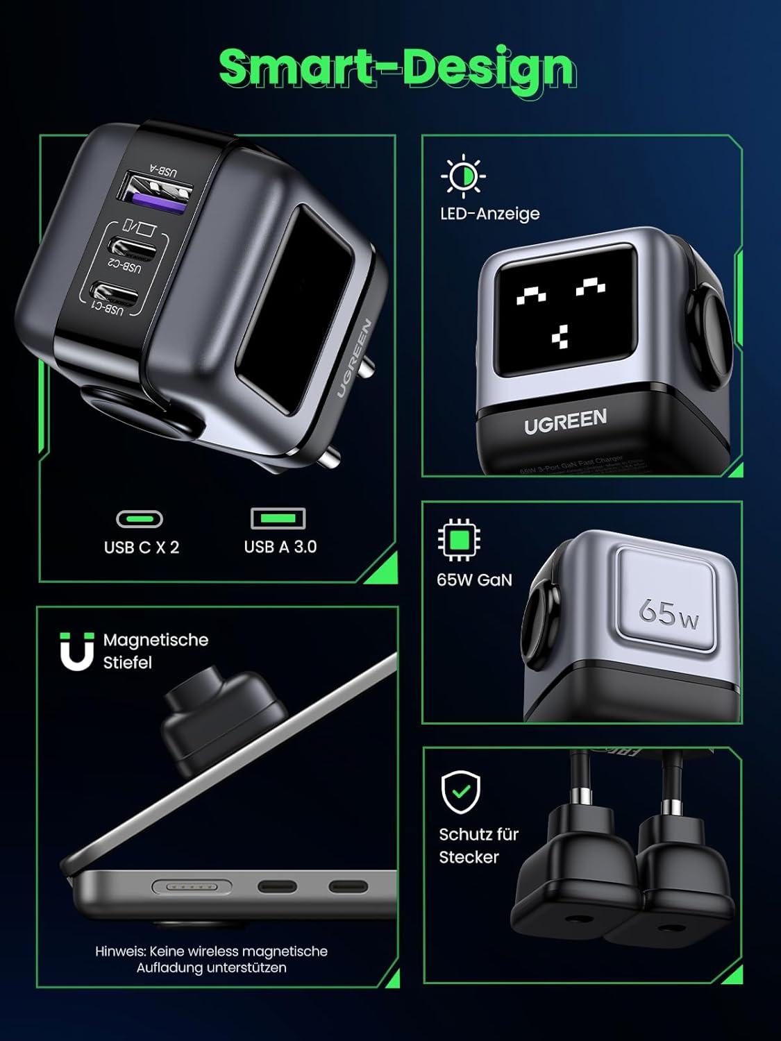UGREEN Nexode RobotGaN 65W USB C Charger GaN Fast Wall Charger 3 Port 2x USB C 1x USB A iPhone 15 MacBook Galaxy (25685B) Ugreen