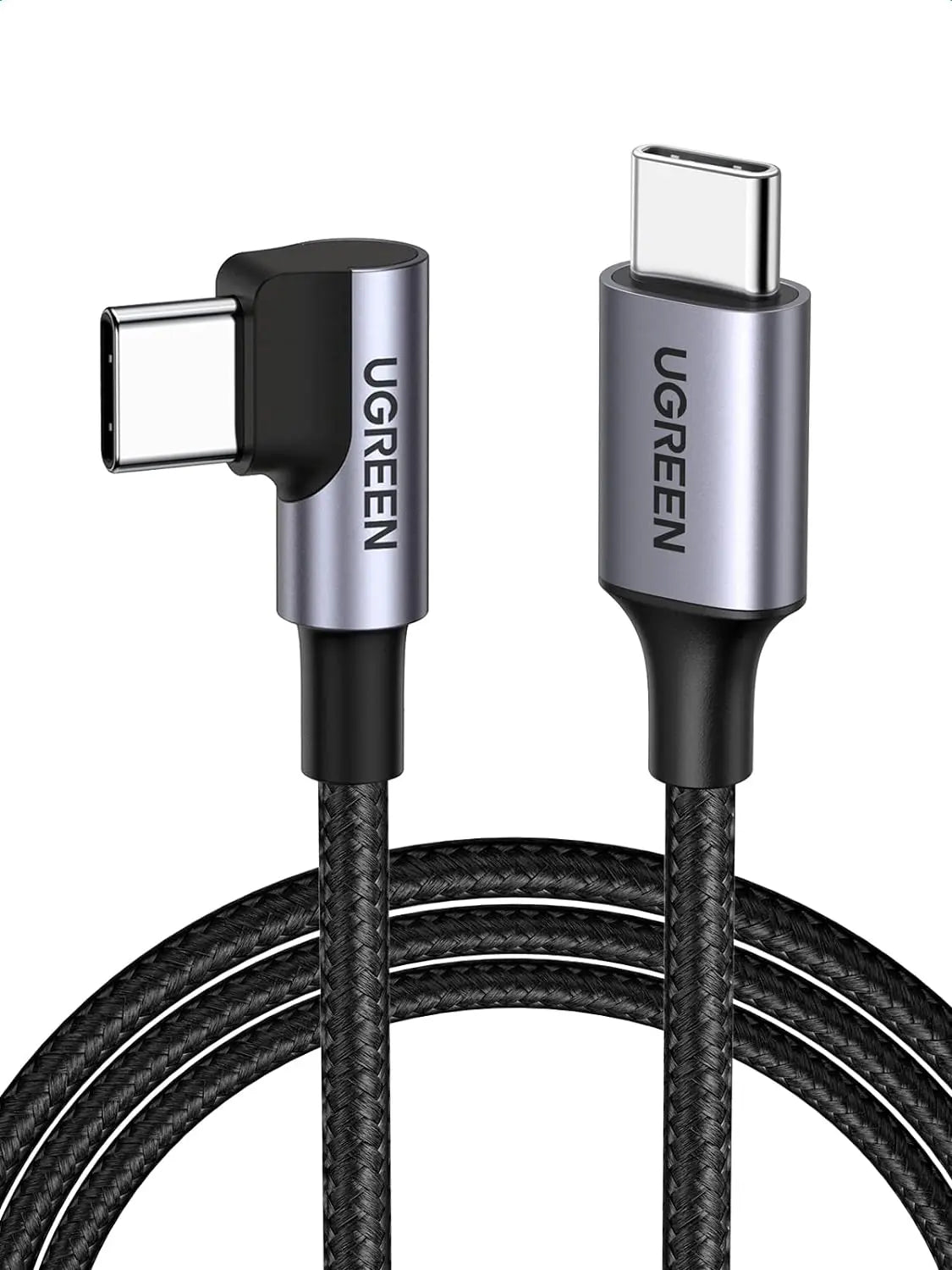 UGREEN 1M USB-C to Angled USB-C Cable 60W Round Cable Aluminum Shell Nickel Plated Nylon Braided Gray Black 50123 Ugreen