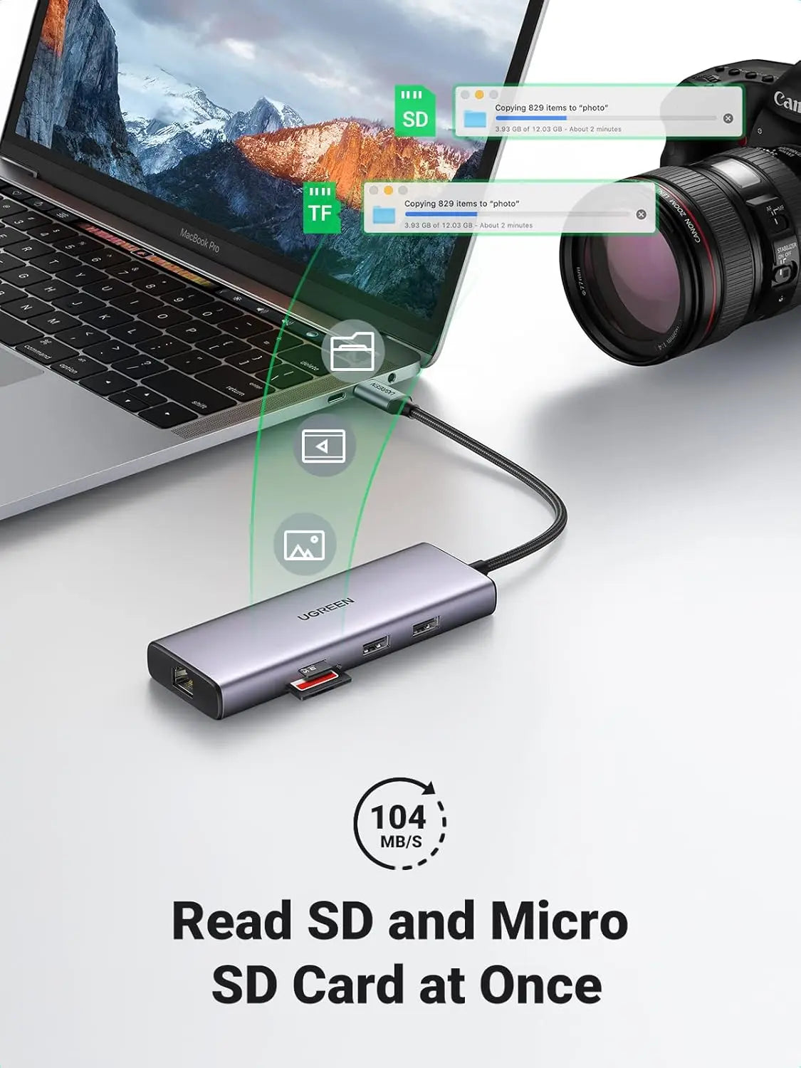 UGREEN 9-in-1 Dual HDMI USB-C Dock USB 2.0 2 USB 3.0 RJ45 1000M USB C PD 60W 2 HDMI 4K 60Hz SD/TF MacBook Dell XPS (90119) Ugreen