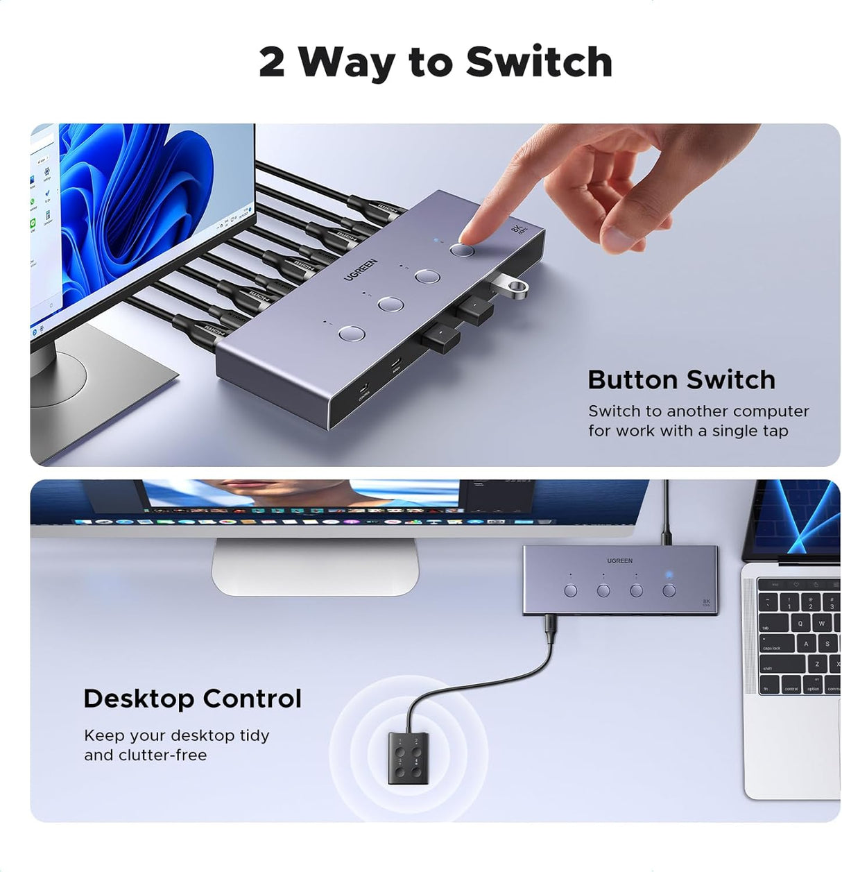 UGREEN 8K@60Hz HDMI KVM Switch for 4 Computers, HDMI 2.1, 4× USB 3.0 Ports (3× USB-A + 1× USB-C), Aluminum KVM, Desktop Controller, Includes 4 HDMI Cables + 4 USB Cables (55397)