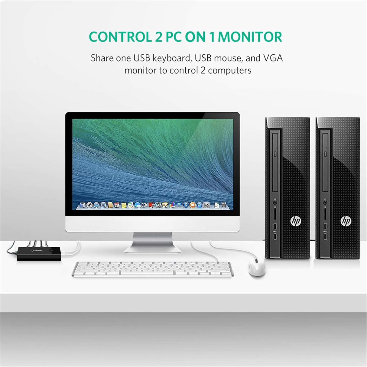 UGREEN 2-Port USB VGA KVM Switch Box 2 In 1 Out Video Sharing Adapter USB Interface Keyboard Mouse Monitor Control Black 30357 Ugreen