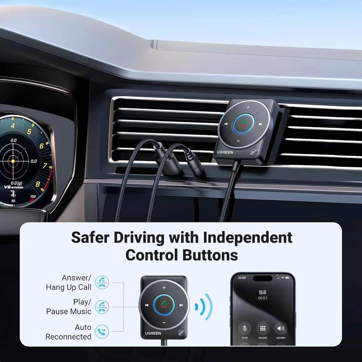 UGREEN Bluetooth 5.4 AUX Car Adapter Enhanced Connection Noise Cancellation Receiver Nylon Cable Car Music Hands-Free (35002) Ugreen