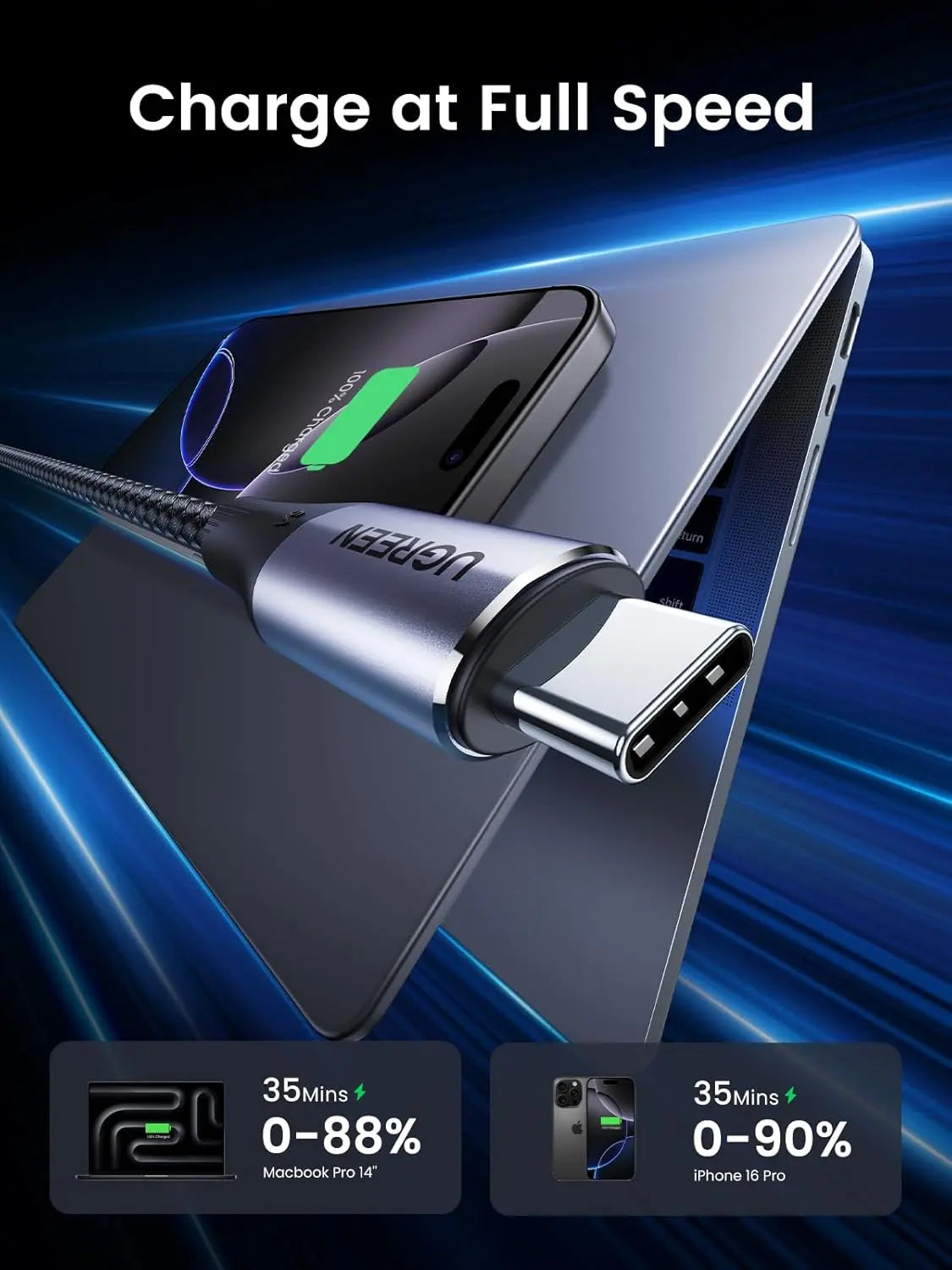UGREEN 80150 USB-C cable charges at full 100W speed