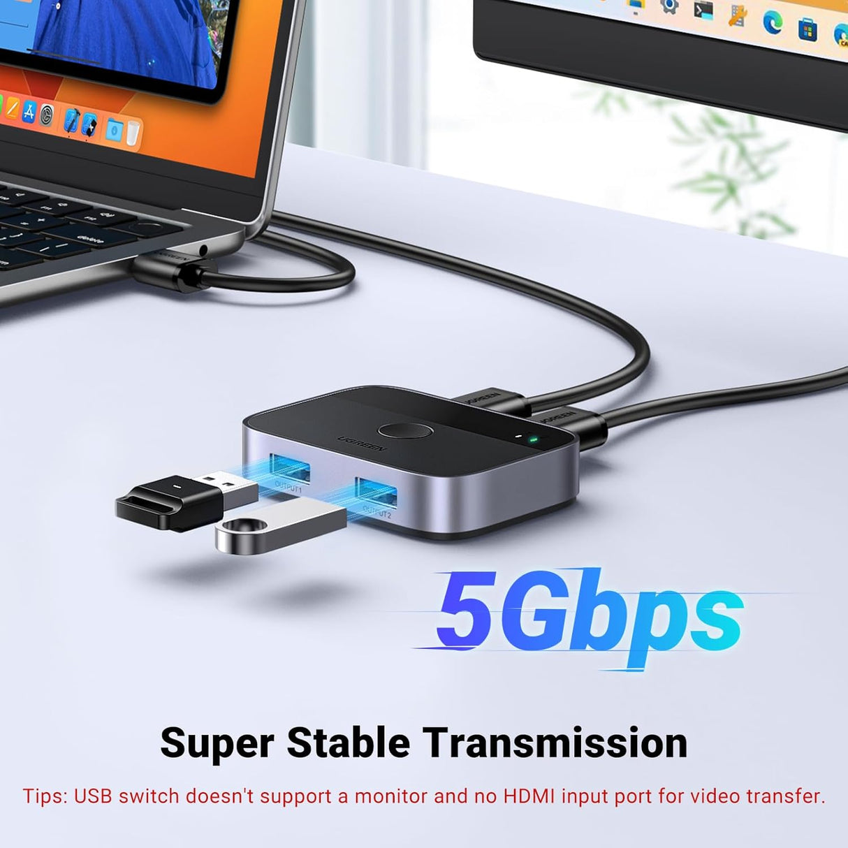 UGREEN USB Switch 2PC USB 3.0 2 in 2 Out Switch 2 USB A to A Cable Keyboard Mouse Printer Hard Drive USB Camera (35313) Ugreen