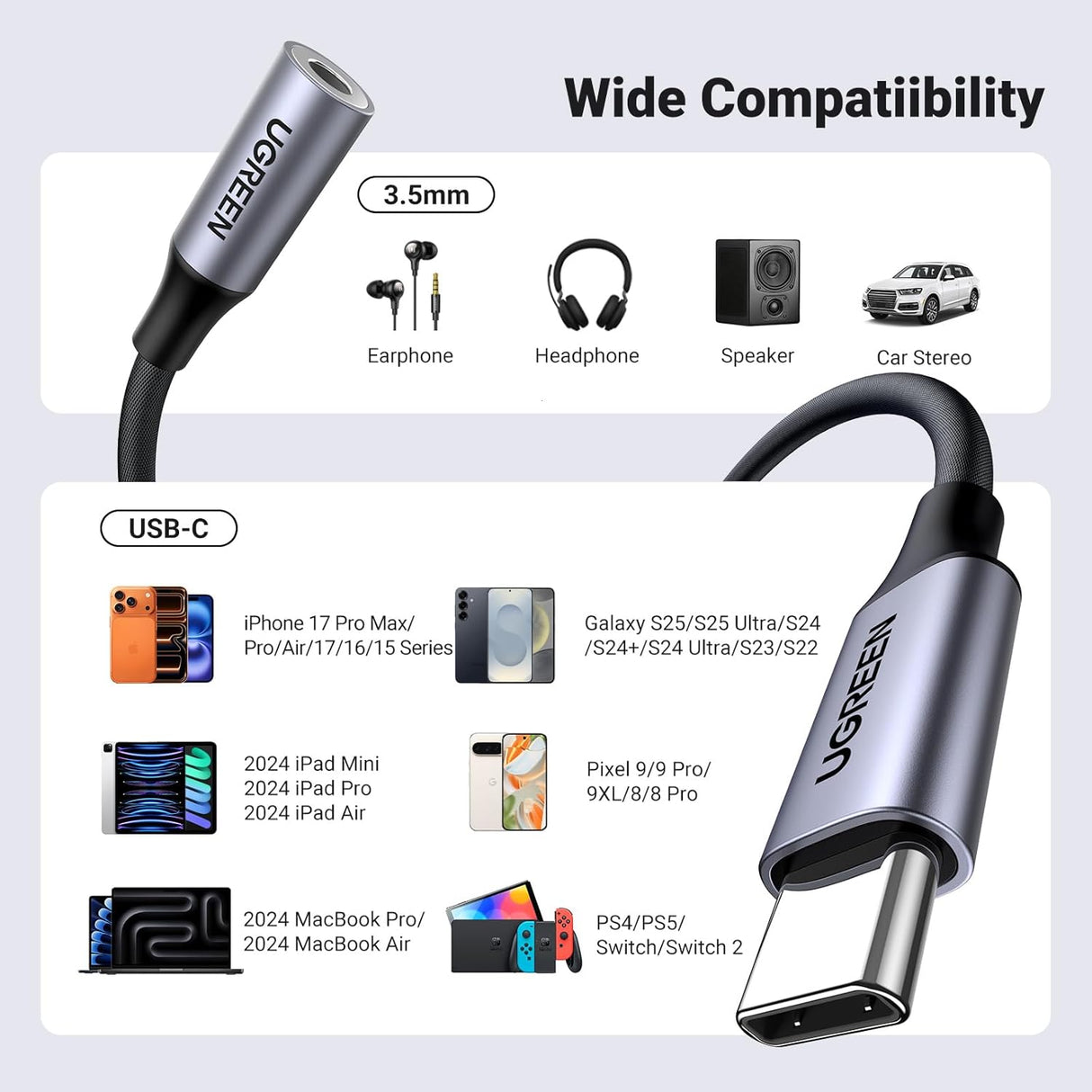 UGREEN USB C to 3.5mm Headphone Jack Adapter Type-C Male Female Audio Dongle iPhone 15 Samsung Galaxy Google Pixel (80154) Ugreen