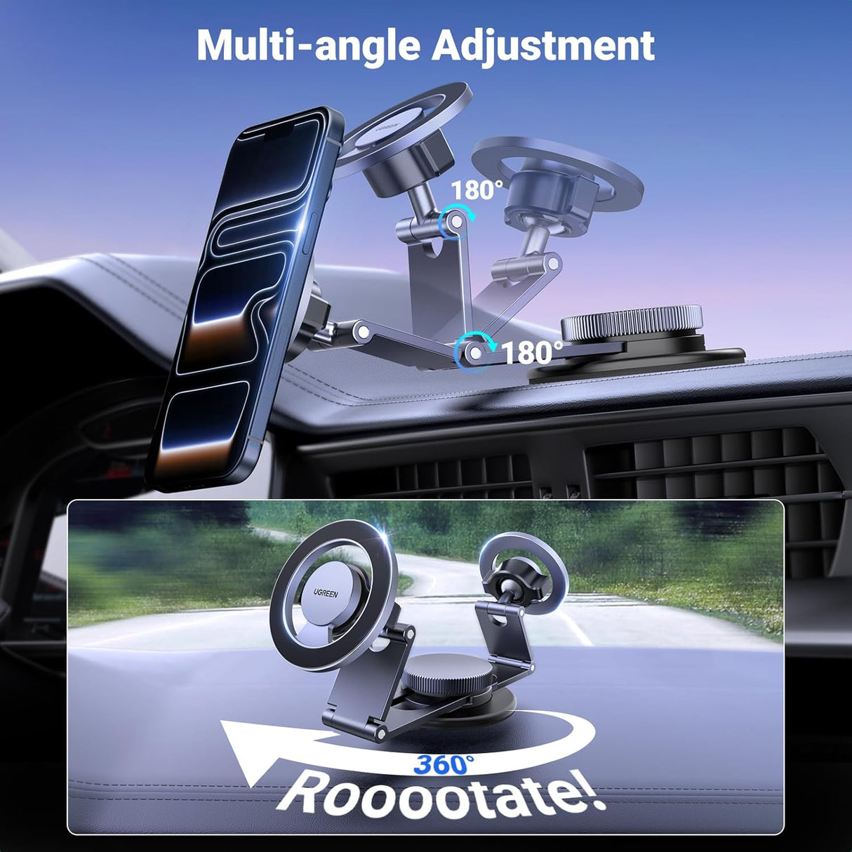 UGREEN for MagSafe Car Mount 360° Rotation, 2025 Upgraded Flexible Arm, Magnetic Phone Holder for Dashboard, Windscreen, Compatible with iPhone 16 Pro Max, and MagSafe Case(45577)