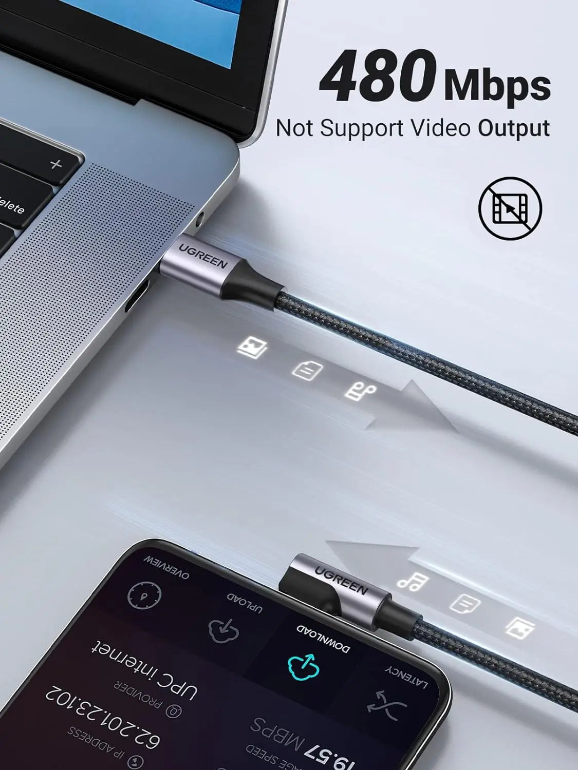 UGREEN 1M USB-C to Angled USB-C Cable 60W Round Cable Aluminum Shell Nickel Plated Nylon Braided Gray Black 50123 Ugreen