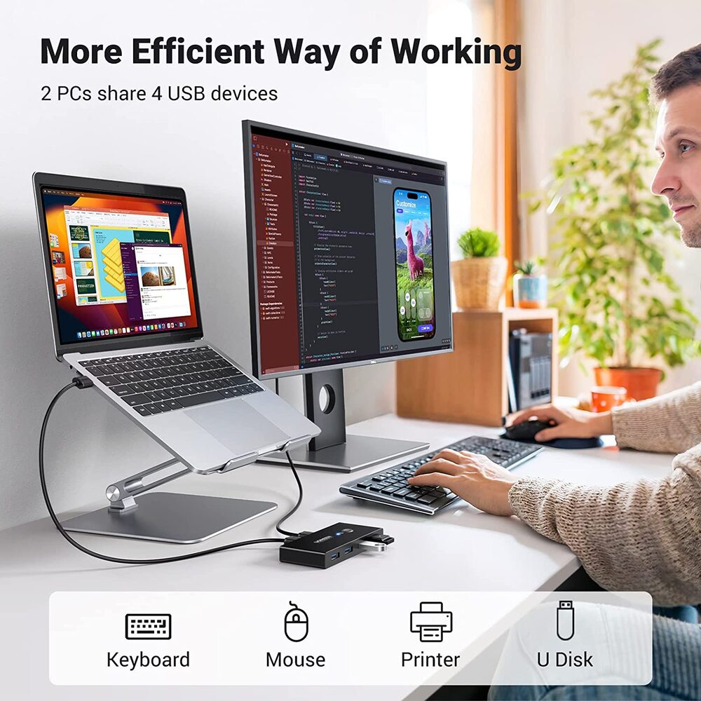 UGREEN 2-in-4 USB 3.0 Sharing Switch Box Selector PC Printer Scanner One-Button Swapping 2 USB-A Cables Included 30768 Ugreen