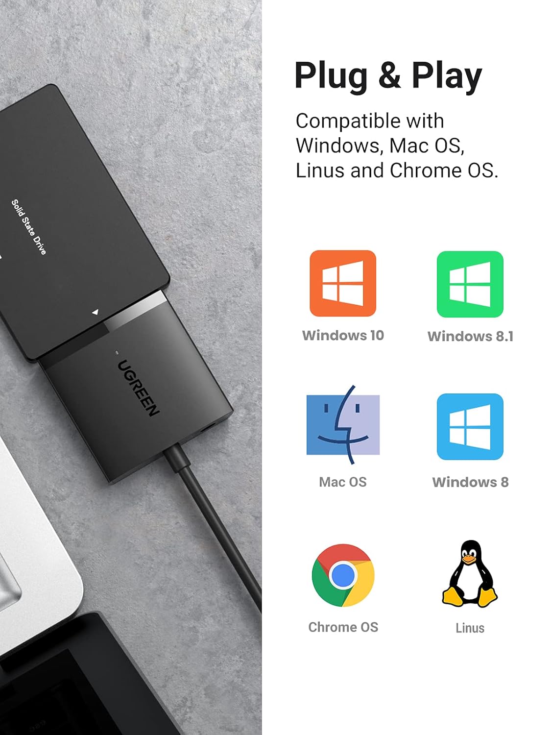 UGREEN SATA to USB 3.0 Adapter Cable UASP SATA III Converter 2.5" 3.5" Hard Drive HDD SSD External Disk 5Gbps (60561) Ugreen